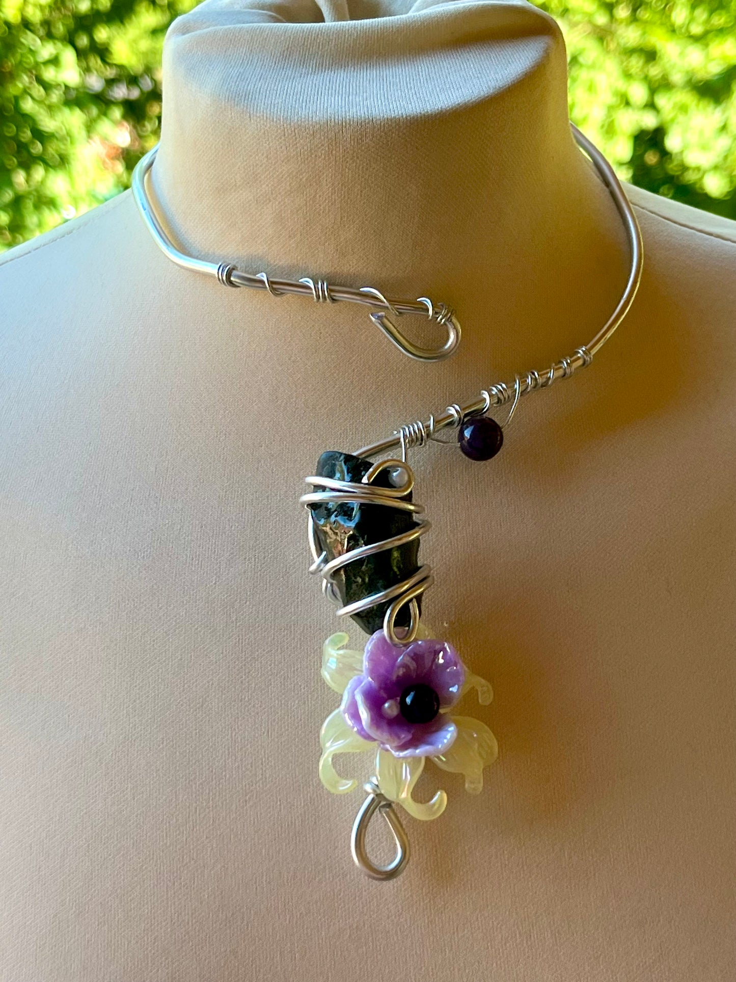 Handmade Silver Color Wire-Wrapped Dark Stone & Purple Floral Choker