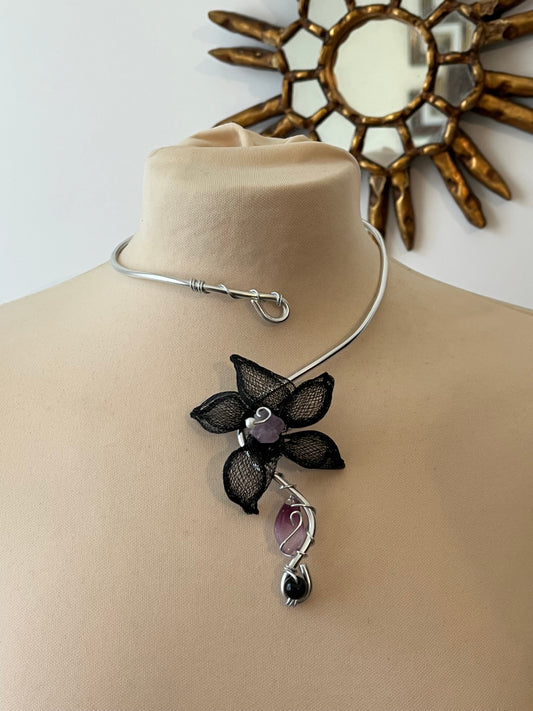 black handmade flower amethyst necklace