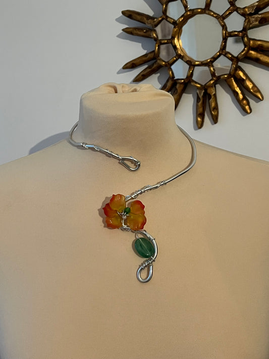 necklace handmade flower orange green glass beads