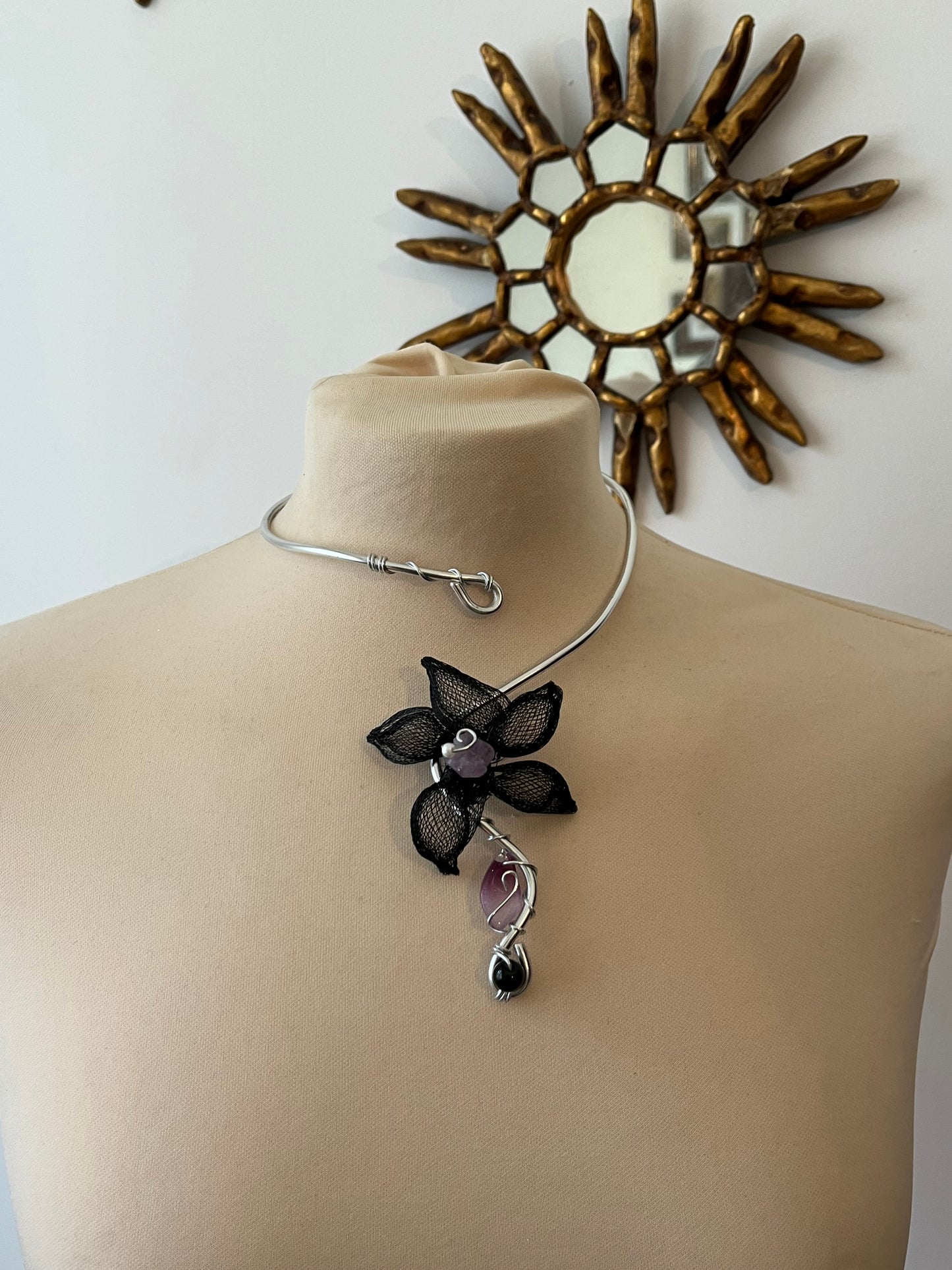 black handmade flower amethyst necklace