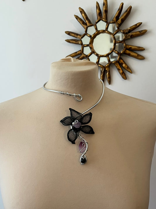 black handmade flower amethyst necklace