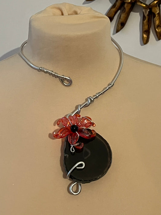 necklace black agate red flower