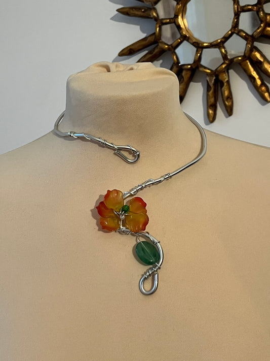 necklace handmade flower orange green glass beads