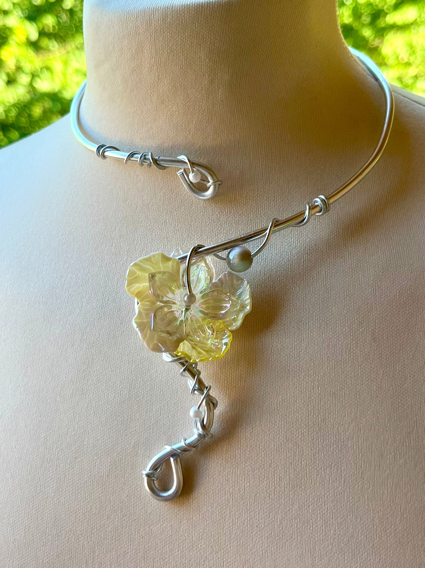 Handmade Silver Color Wire-Wrapped Yellow Floral Choker