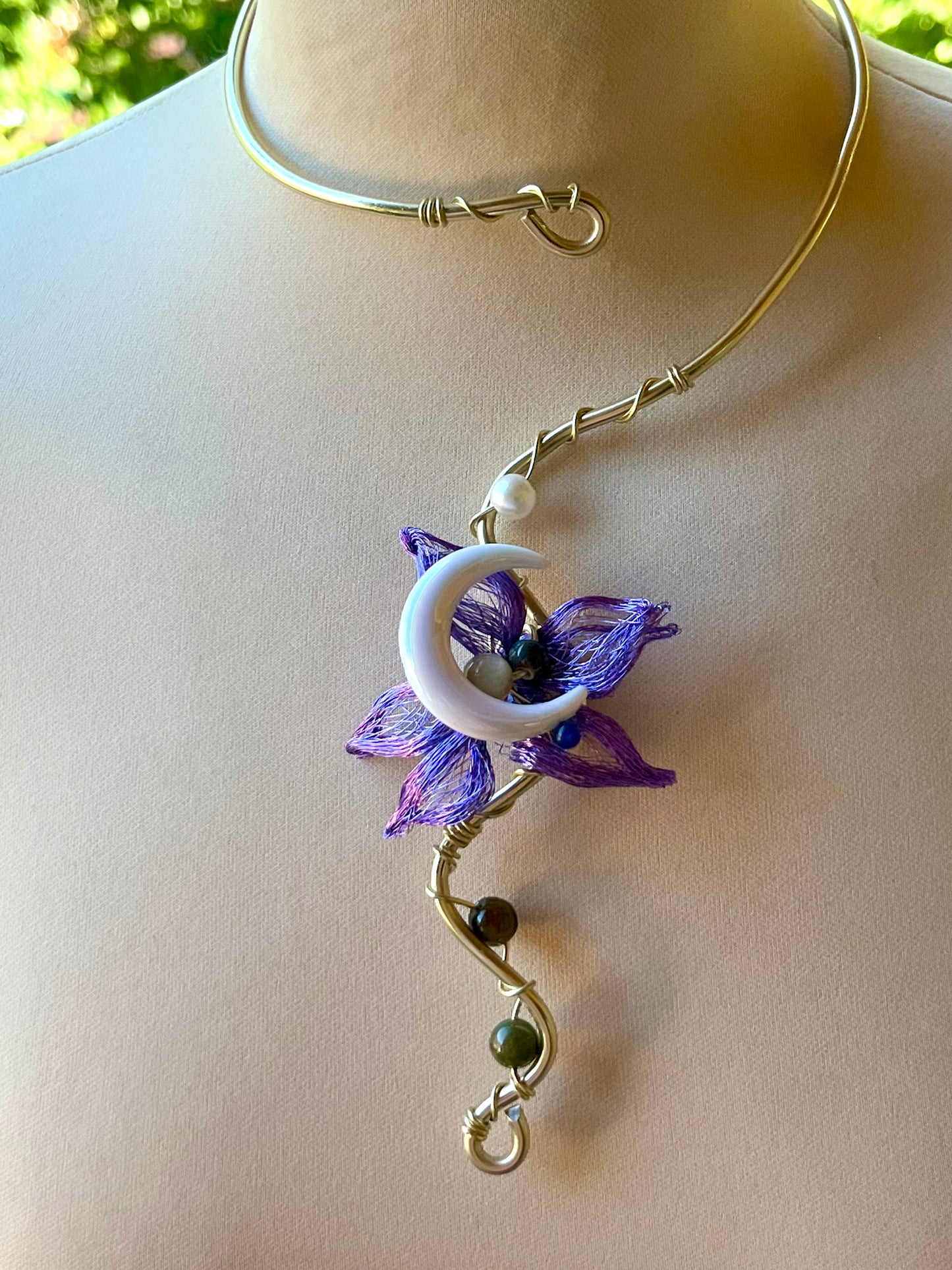 Handmade Gold Color Wire-Wrapped Crescent Moon & Purple Floral Choker