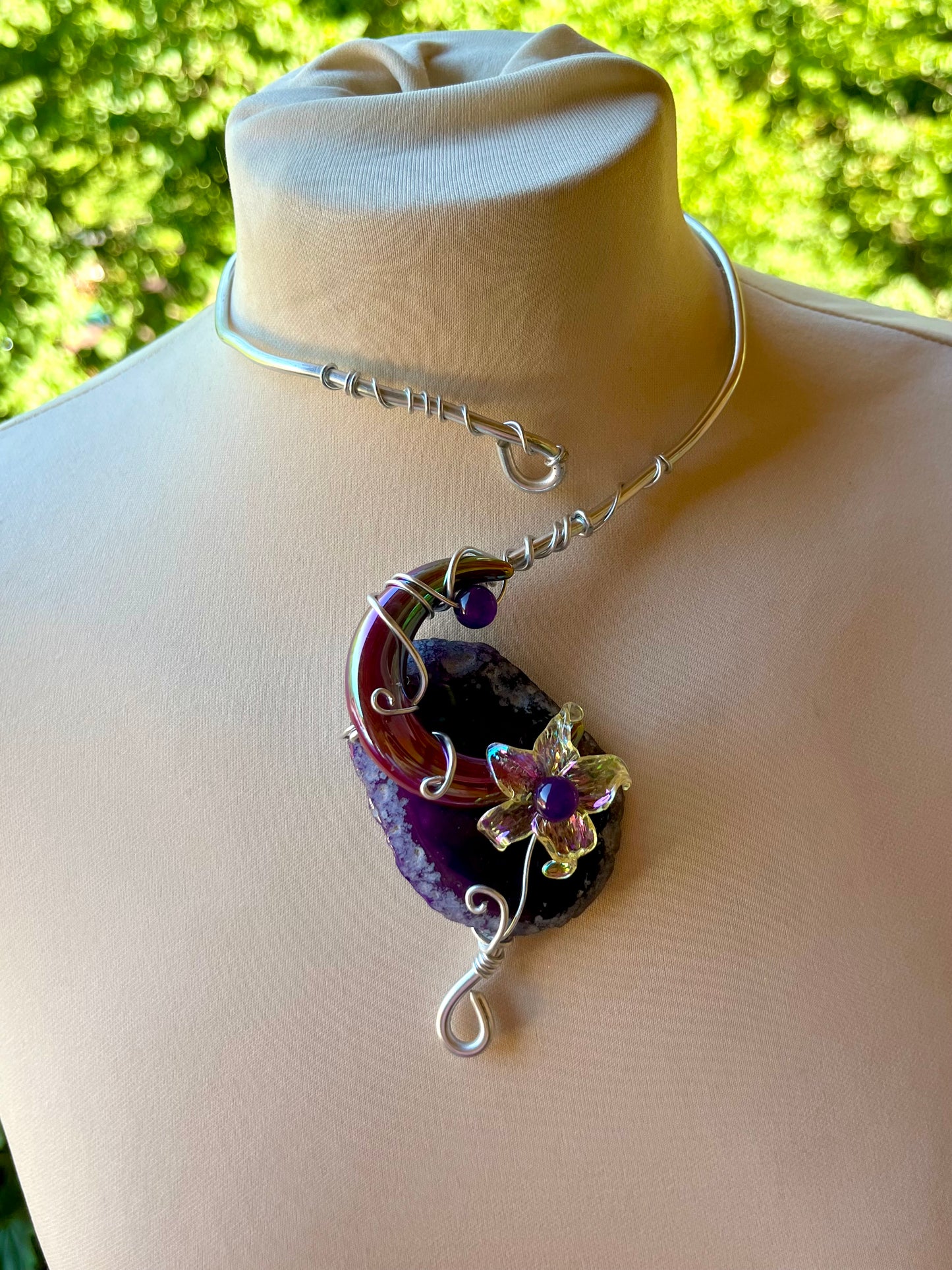 Handmade Silver Color Wire-Wrapped Crescent Moon & Purple Crystal Choker