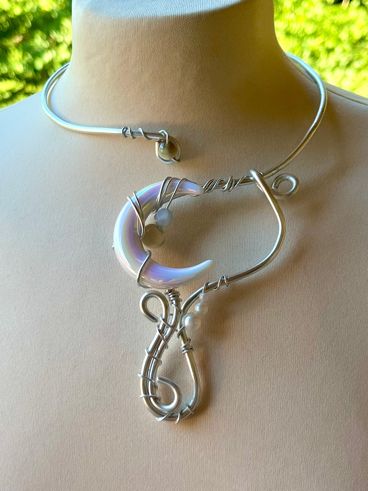 Handmade Gold Color Wire-Wrapped Iridescent Crescent Moon Choker