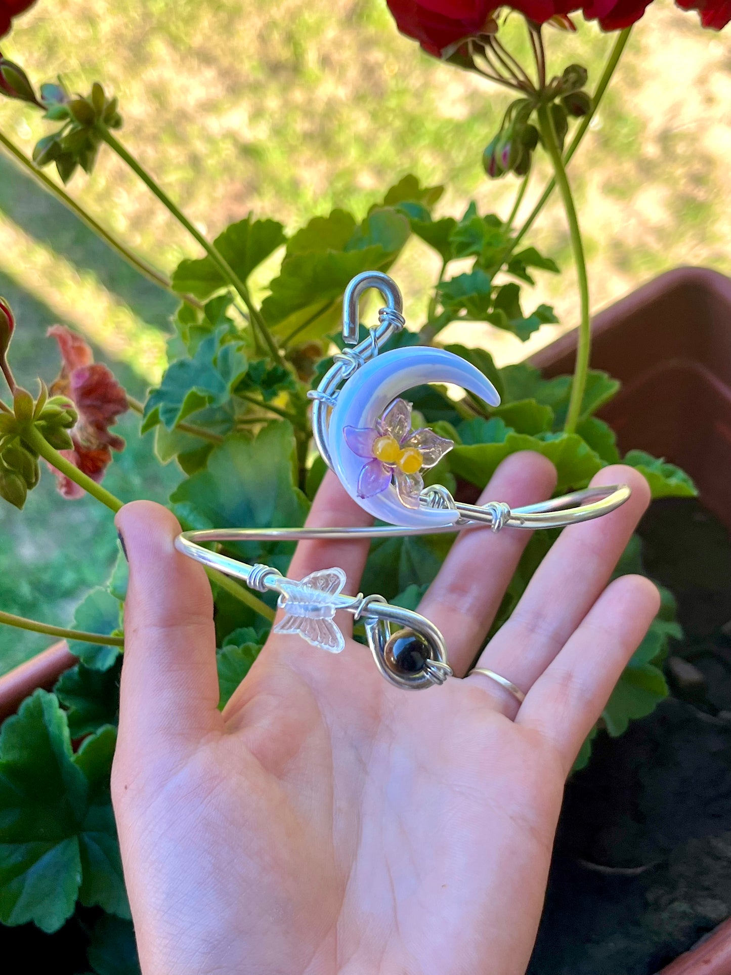 Handmade Silver Color Wire-Wrapped Crescent Moon & Butterfly Arm Cuff