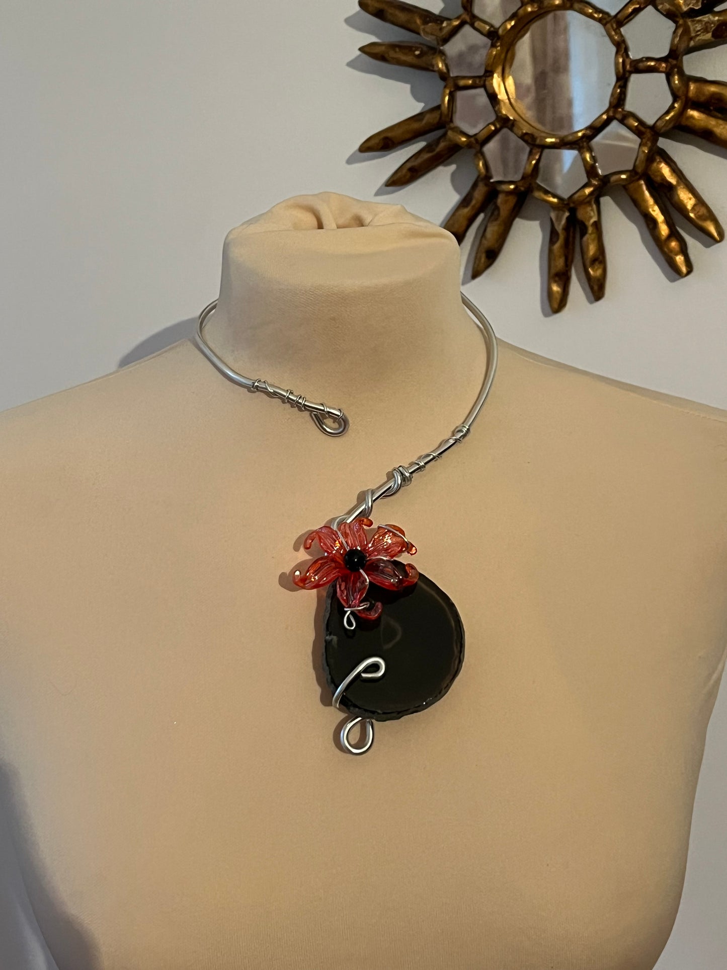 necklace black agate red flower