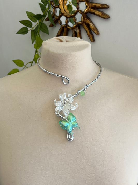 camelia flower green butterfly necklace