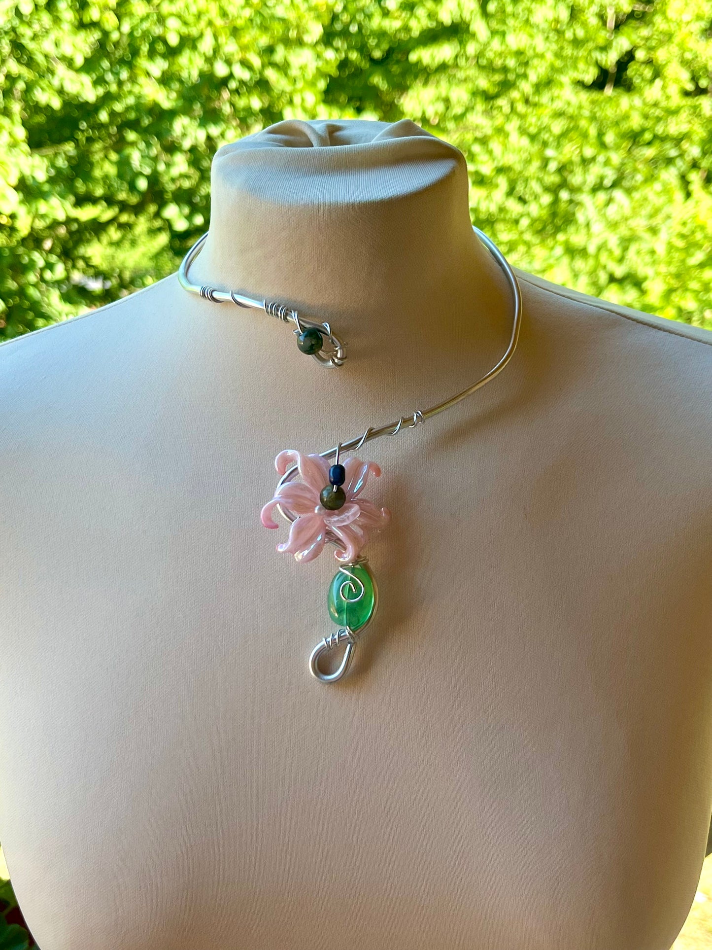 Handmade Silver Color Wire-Wrapped Pink Floral & Green Bead Choker
