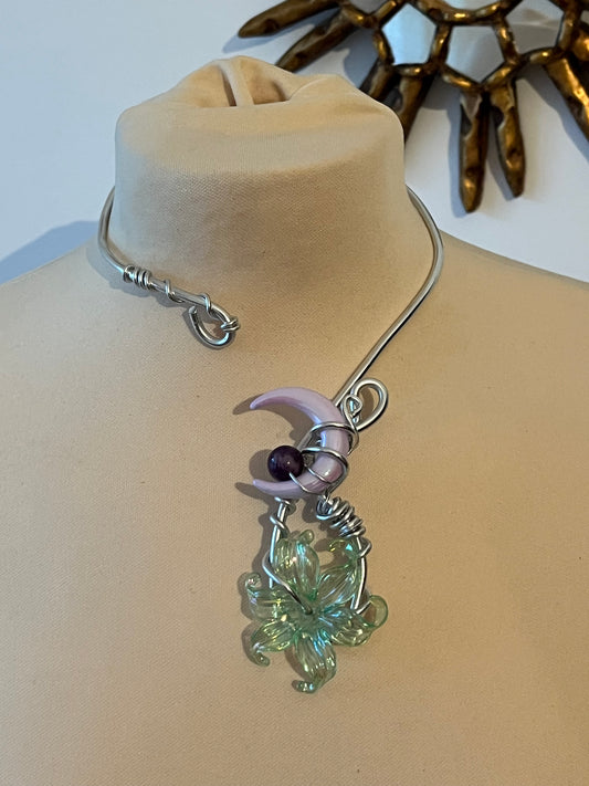 purple moon green flower necklace