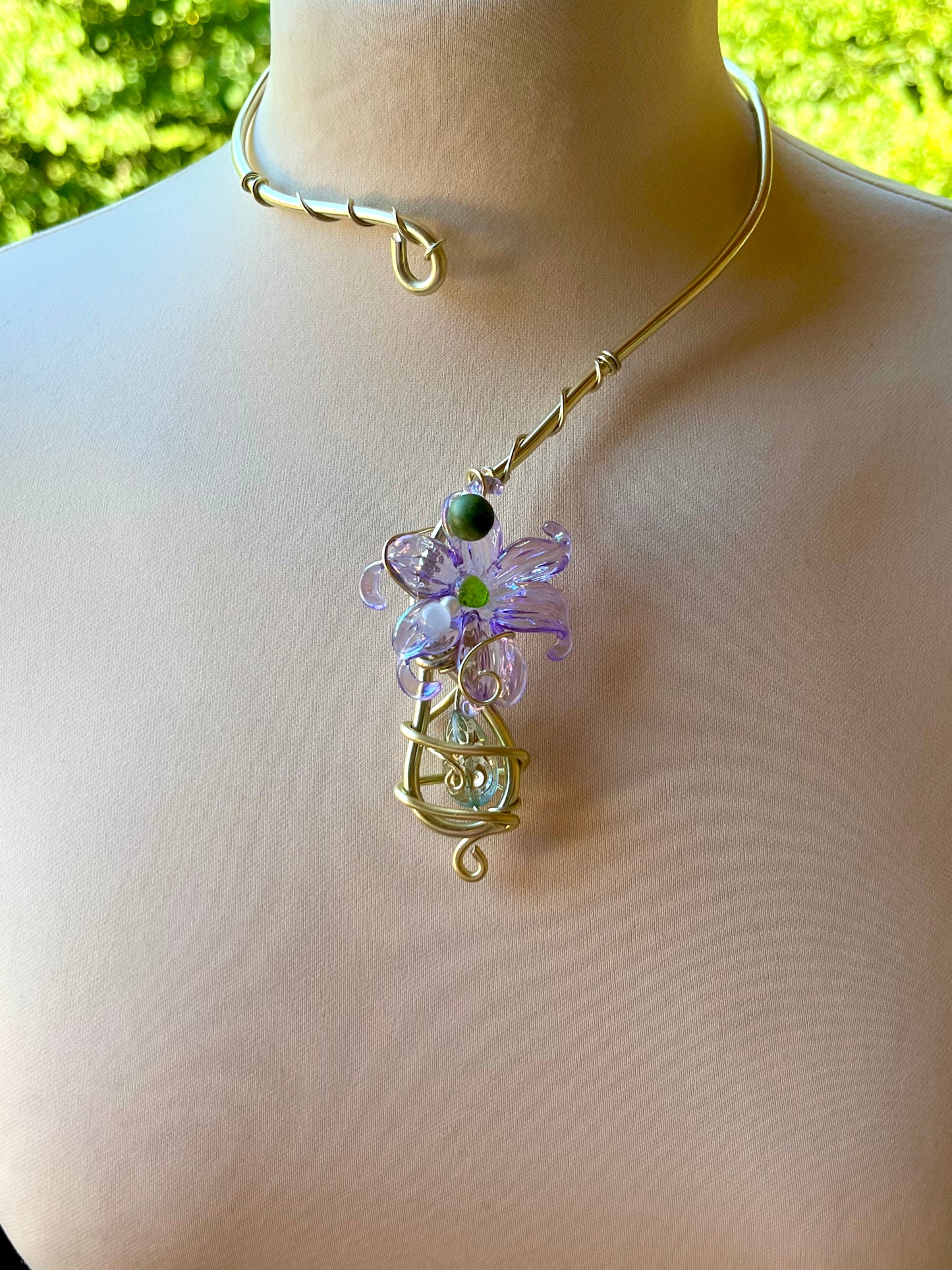 Handmade Gold Color Wire-Wrapped Purple Floral & Crystal Drop Choker