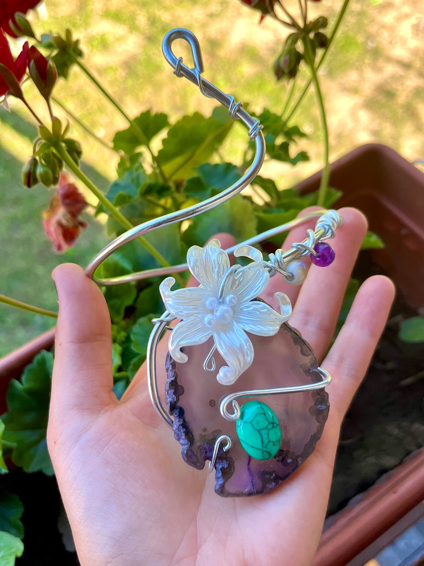 Handmade Silver Color Wire-Wrapped Purple Agate & White Floral Arm Cuff