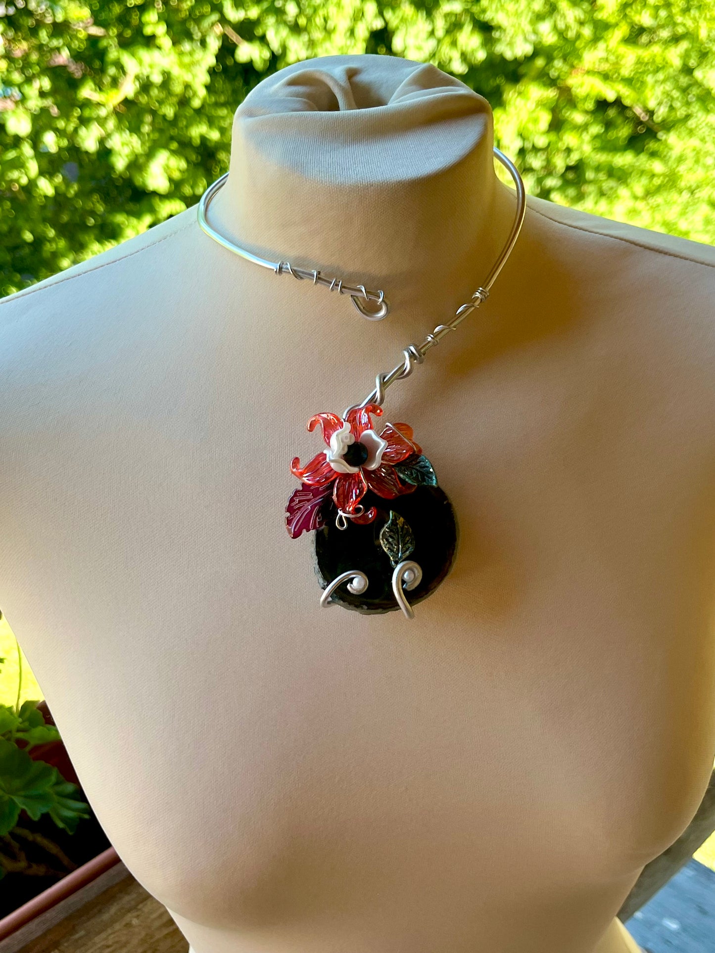 Handmade Silver Color Wire-Wrapped Red Floral & Dark Stone Choker