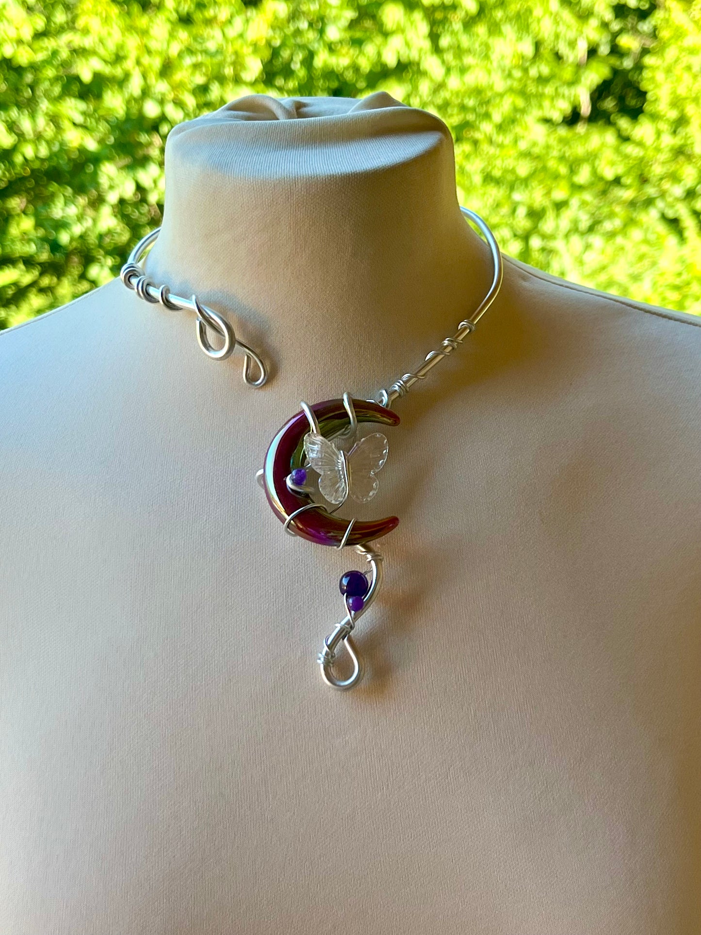 Handmade Silver Color Wire-Wrapped Crescent Moon & Butterfly Choker