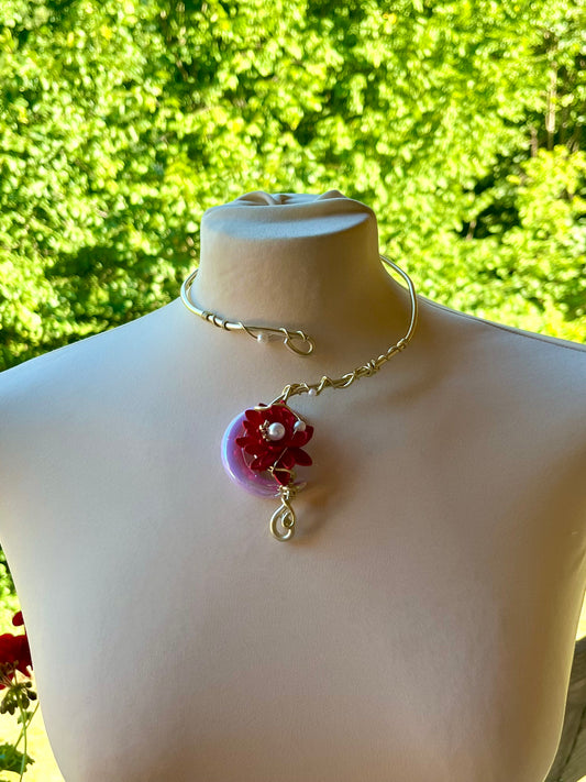 Handmade Gold Color Wire-Wrapped Crescent Moon & Red Floral Choker