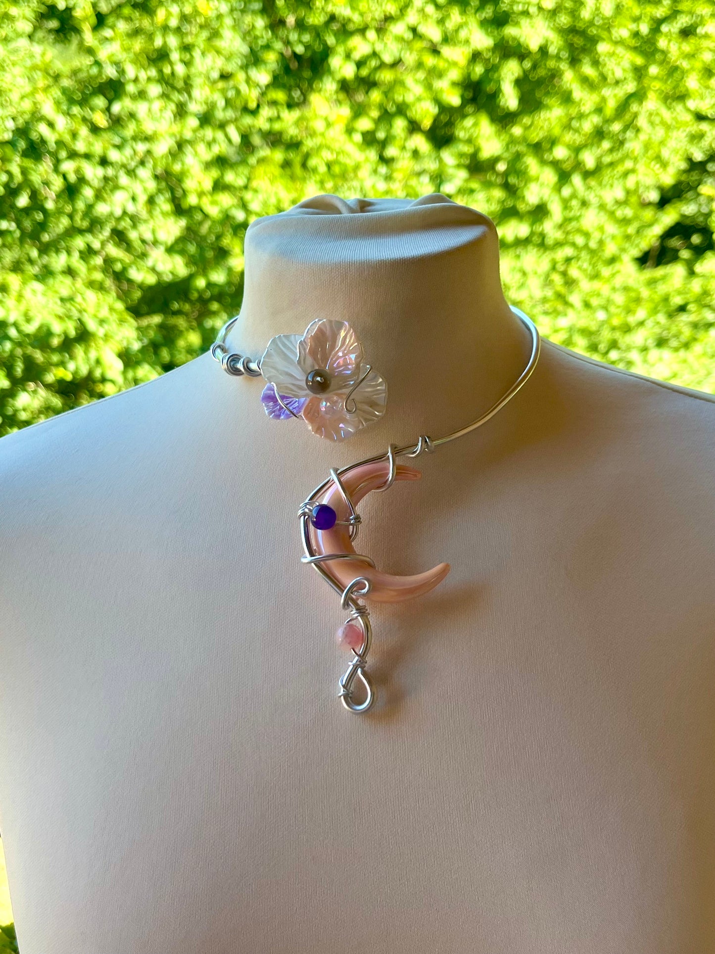 Handmade Silver Color Wire-Wrapped Crescent Moon & Pink Blossom Choker