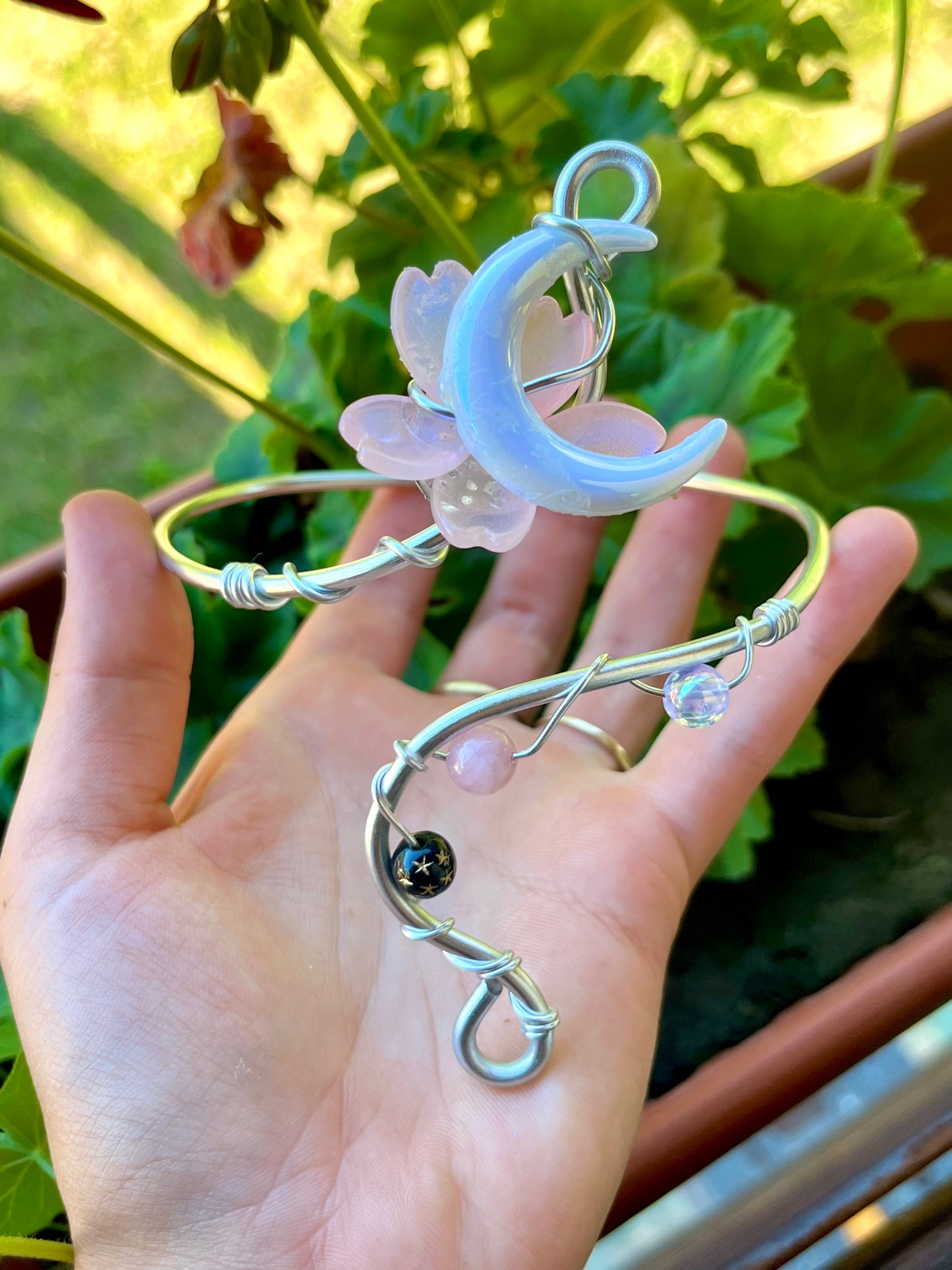 Handmade Silver Color Wire-Wrapped Crescent Moon & Pink Blossom Arm Cuff