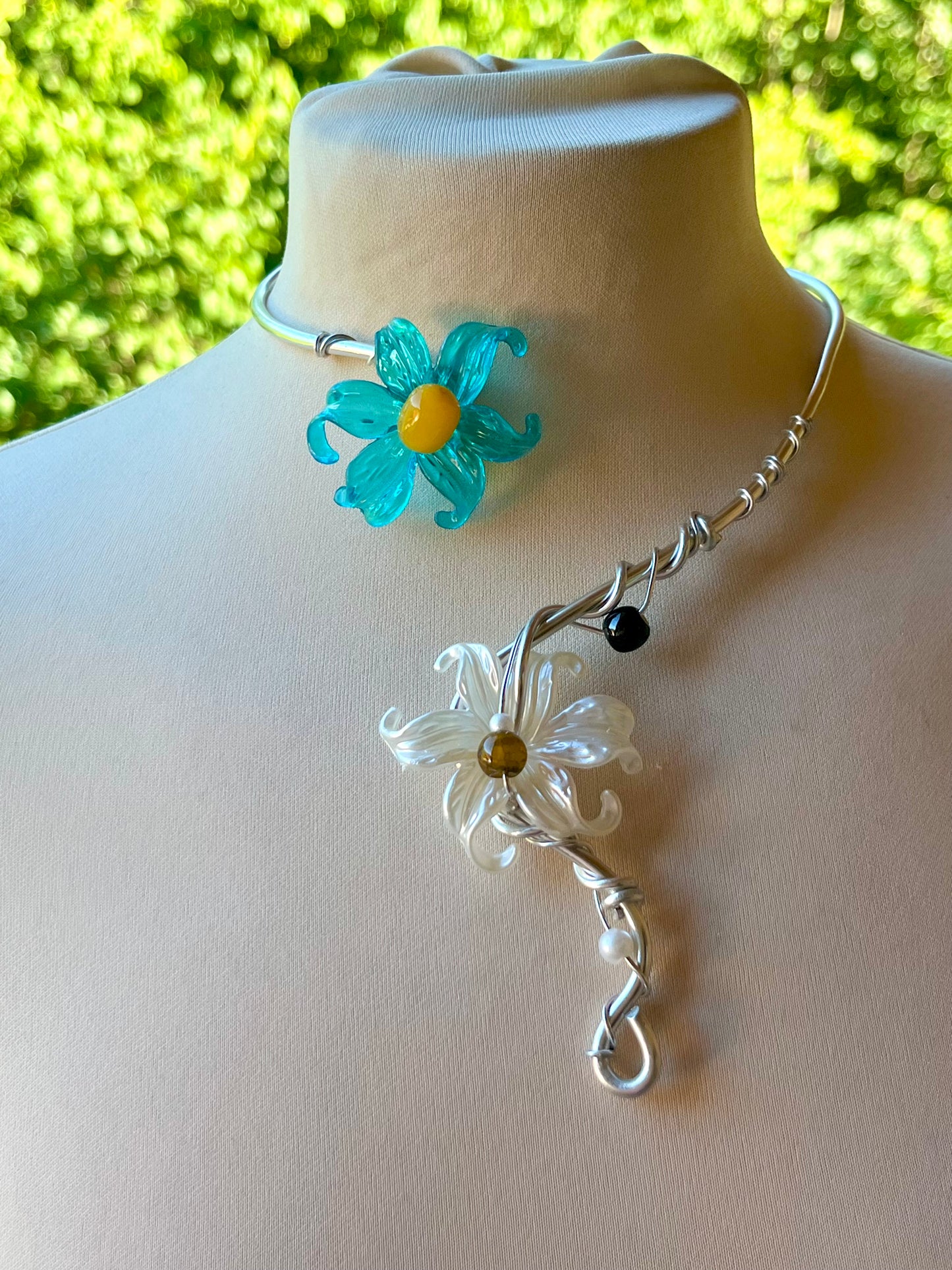 Handmade Silver Color Wire-Wrapped Dual Floral Choker with Turquoise and White Blossoms