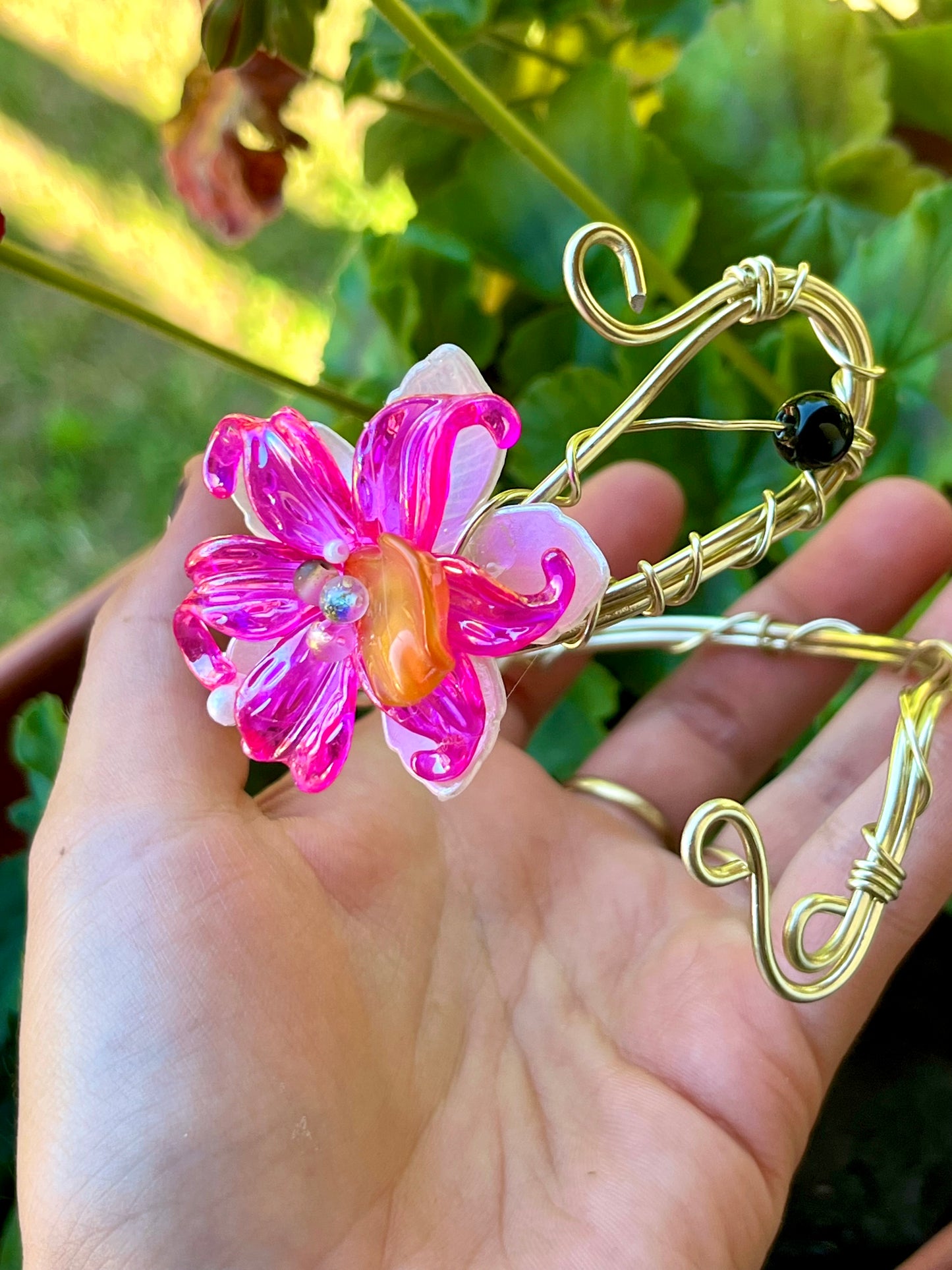 Handmade Gold Color Wire-Wrapped Vibrant Pink Floral Arm Cuff