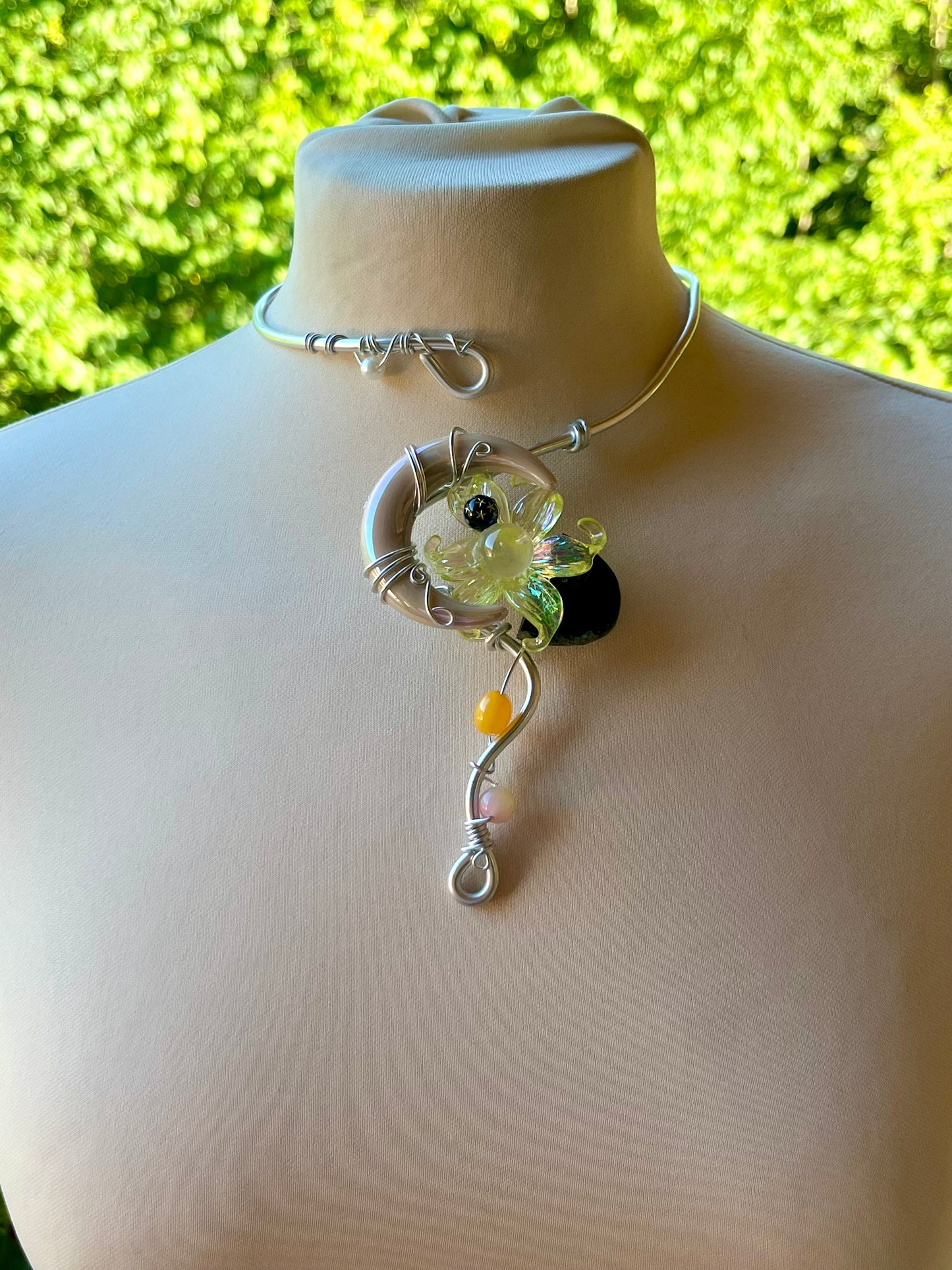 Handmade Silver Color Wire-Wrapped Crescent Moon & Yellow-Green Floral Choker