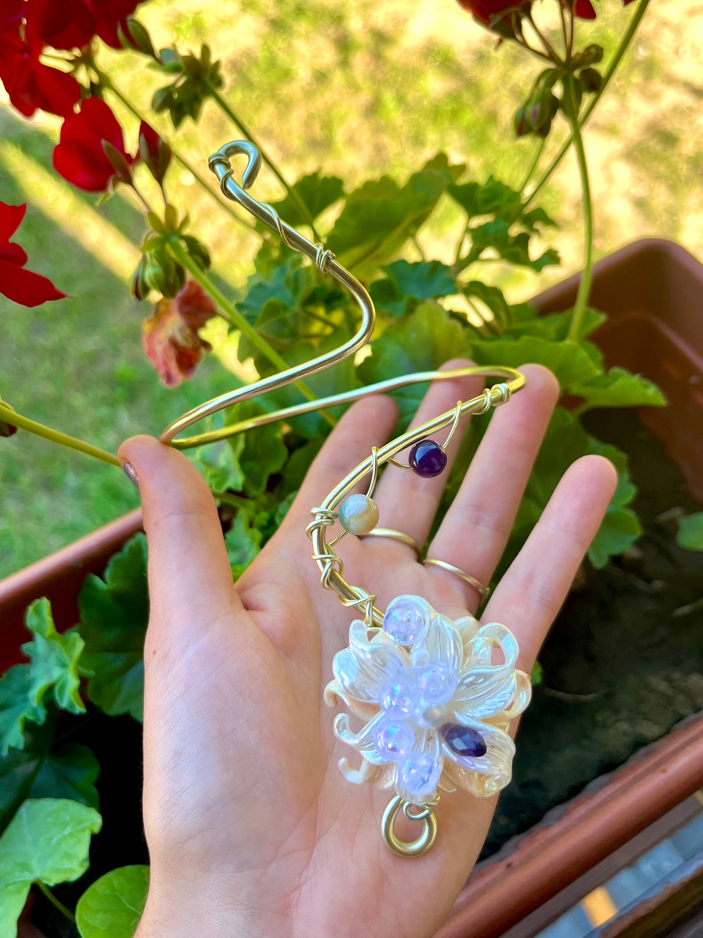 Handmade Gold Color Wire-Wrapped White Floral & Beaded Arm Cuff
