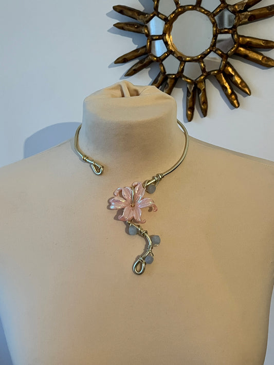 pink flower necklace real stone gold colour