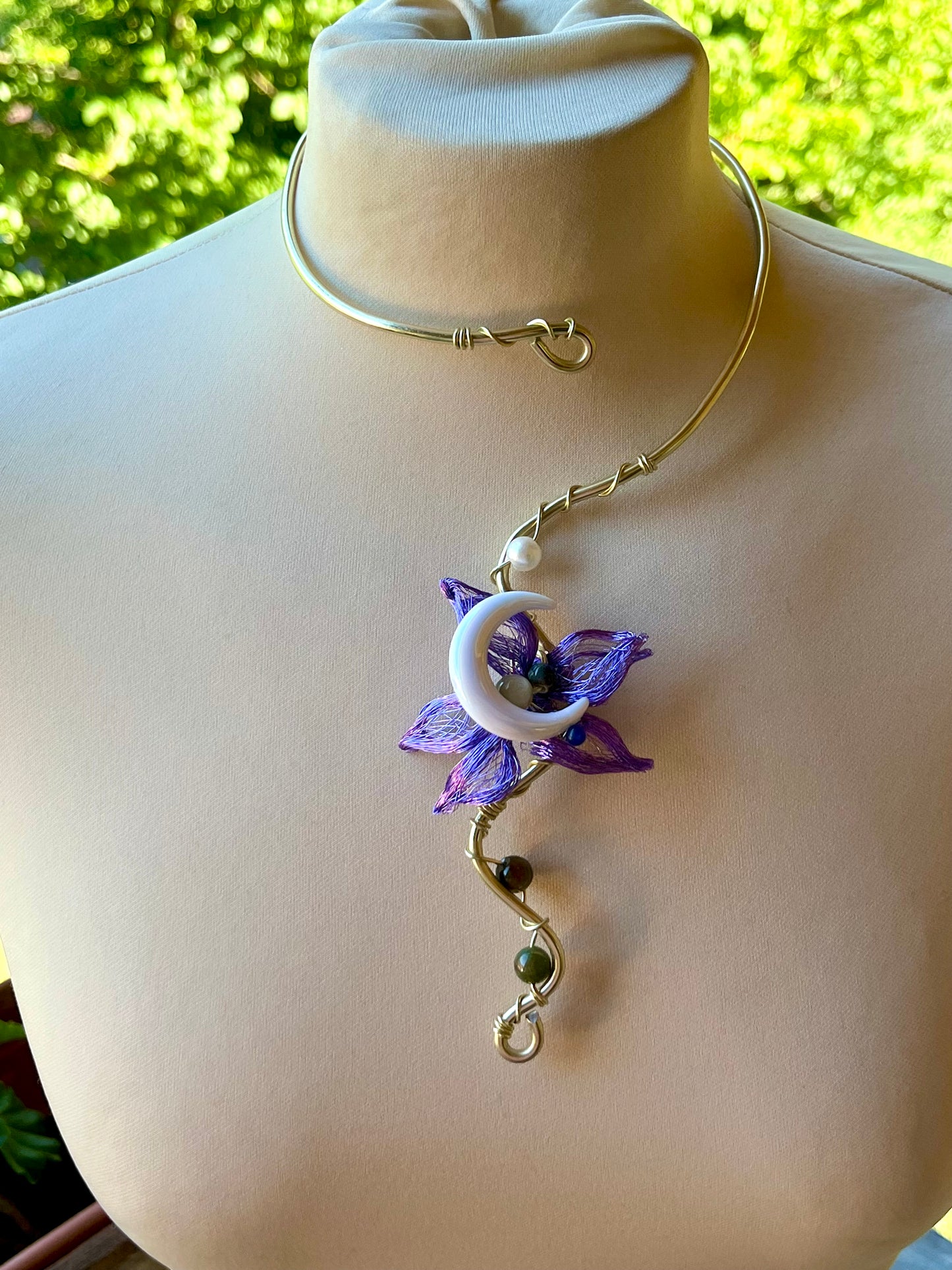 Handmade Gold Color Wire-Wrapped Crescent Moon & Purple Floral Choker