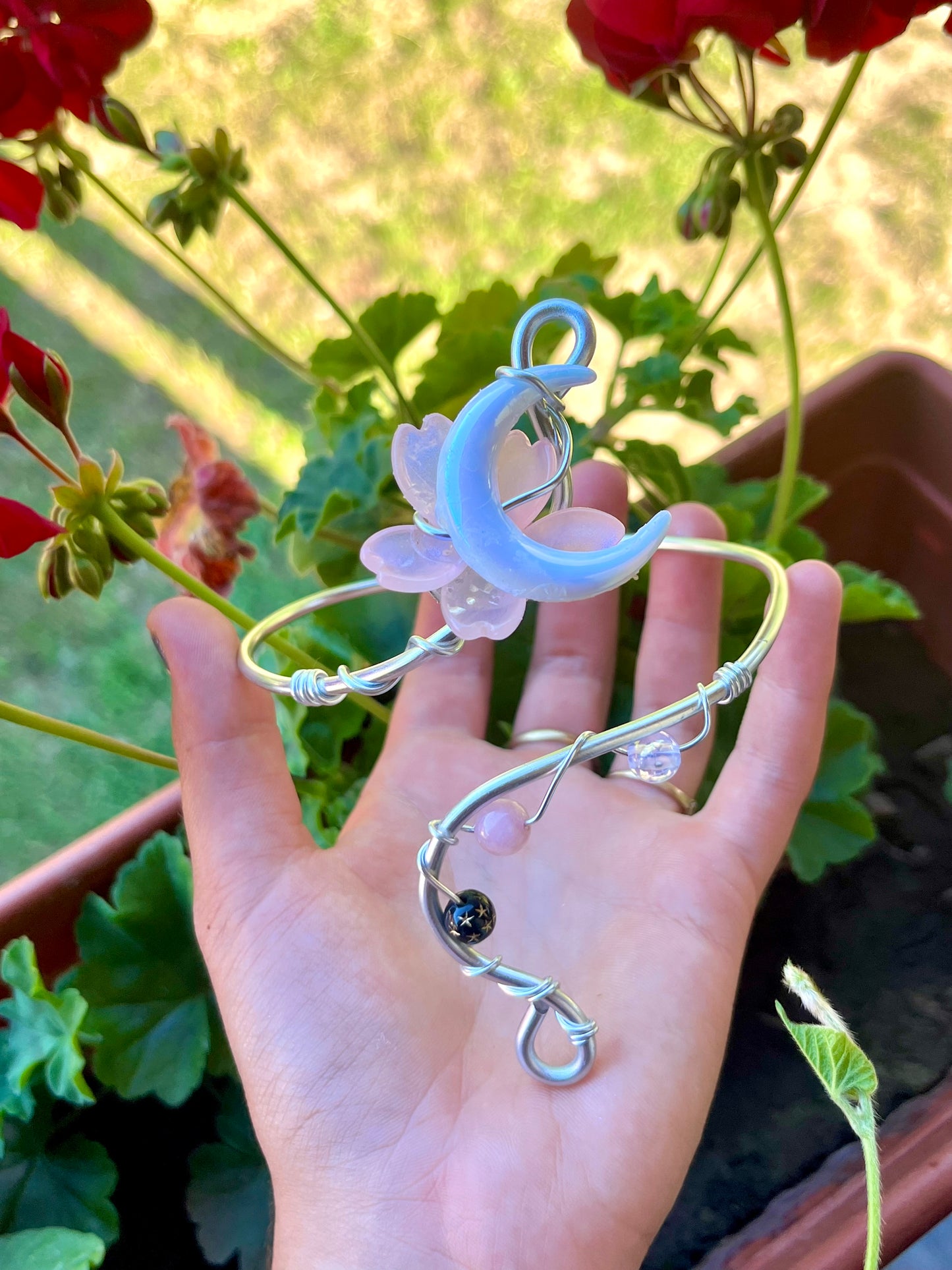 Handmade Silver Color Wire-Wrapped Crescent Moon & Pink Blossom Arm Cuff