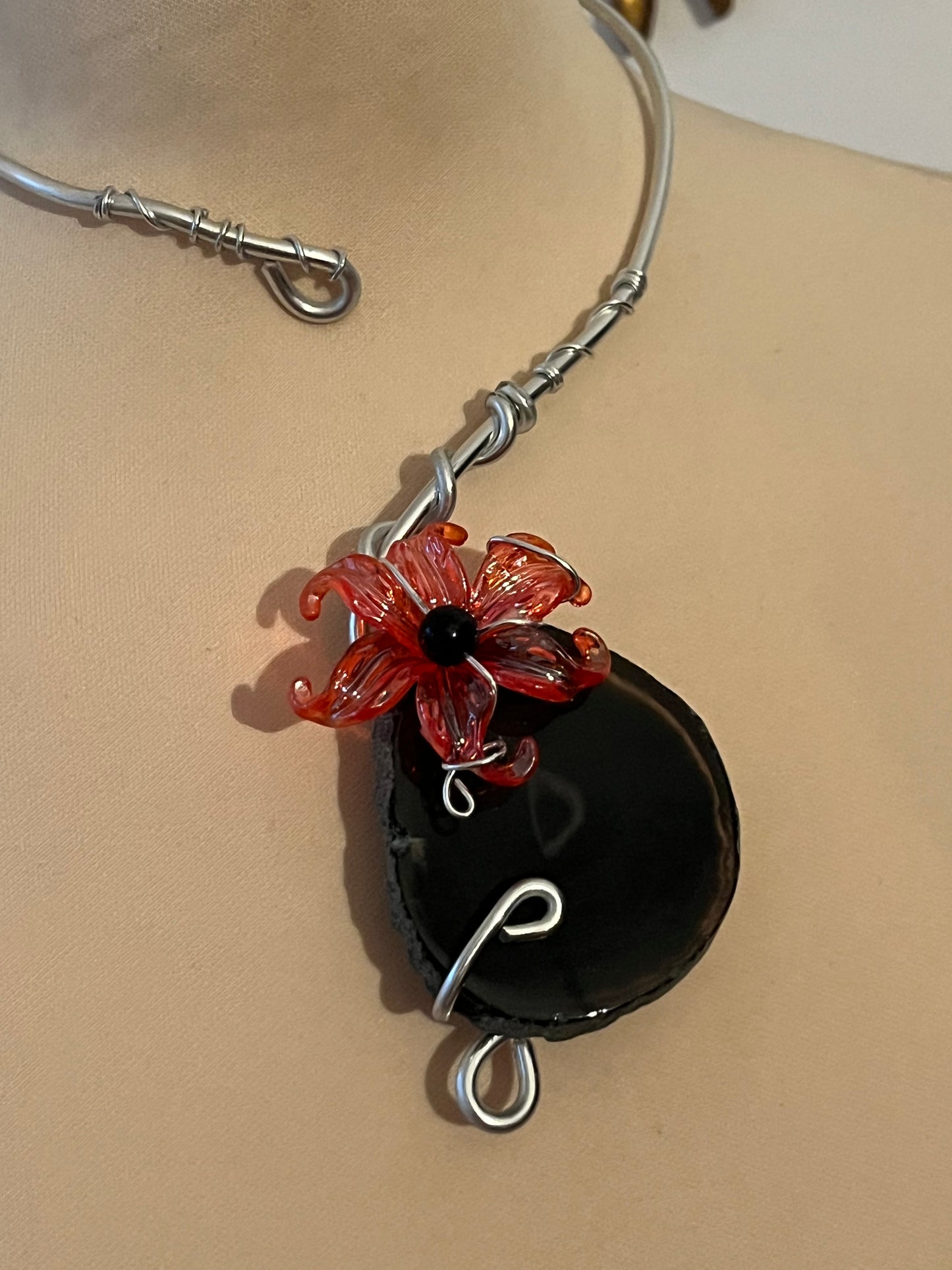 necklace black agate red flower