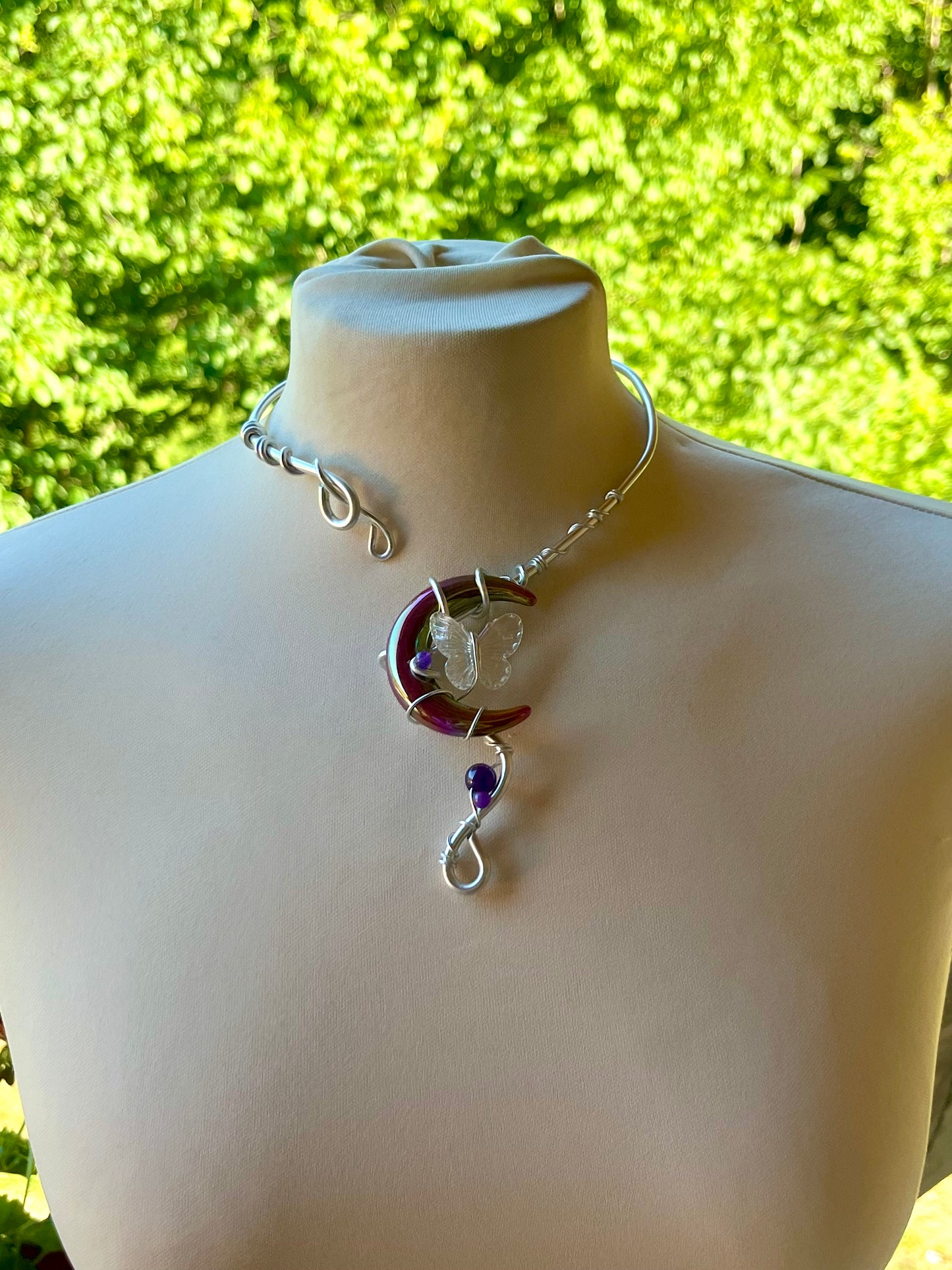 Handmade Silver Color Wire-Wrapped Crescent Moon & Butterfly Choker