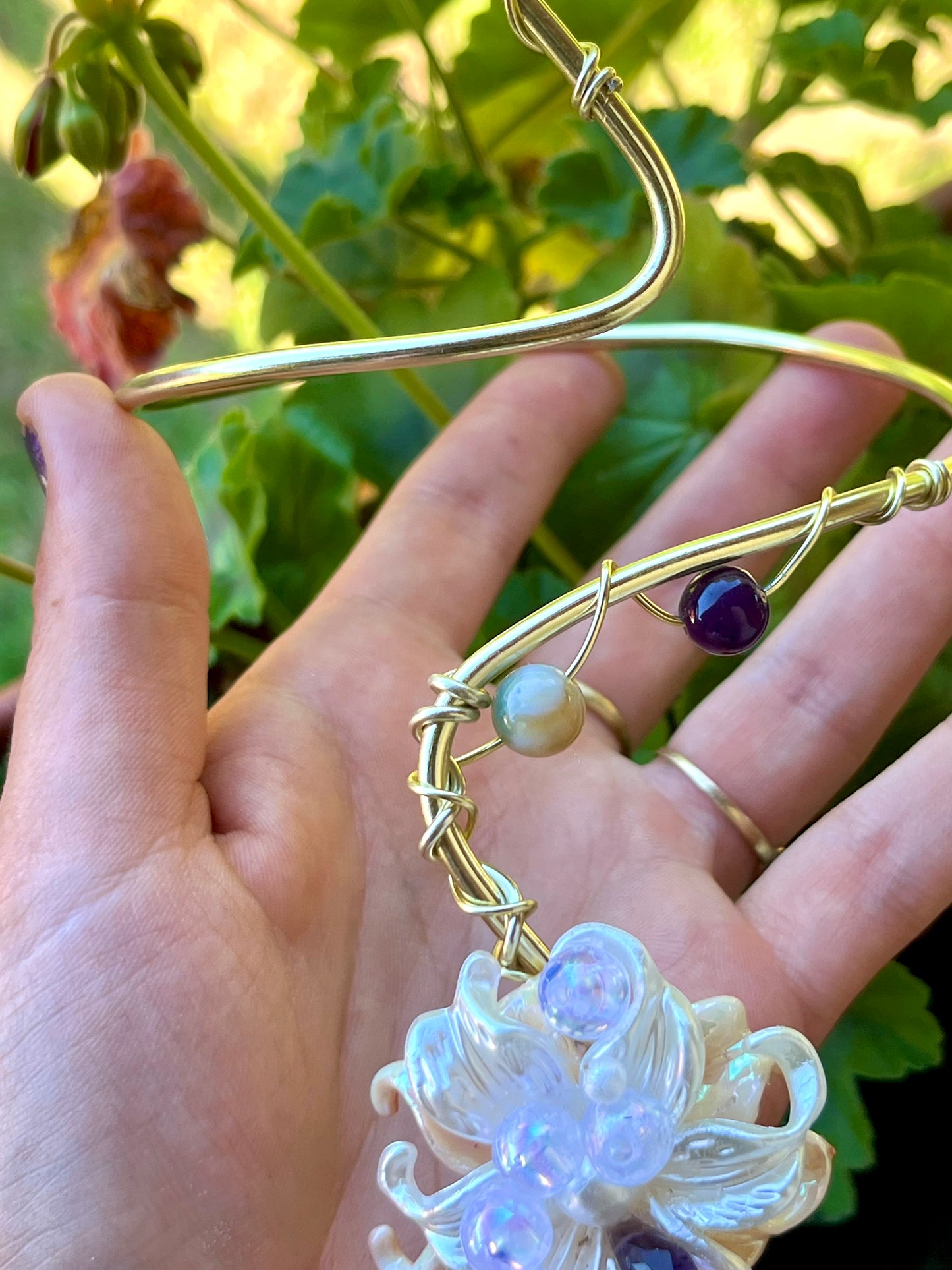 Handmade Gold Color Wire-Wrapped White Floral & Beaded Arm Cuff