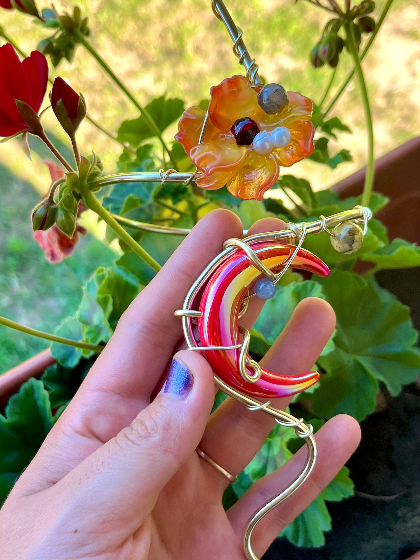 Handmade Gold Color Wire-Wrapped Red-Orange Crescent Moon & Floral Arm Cuff