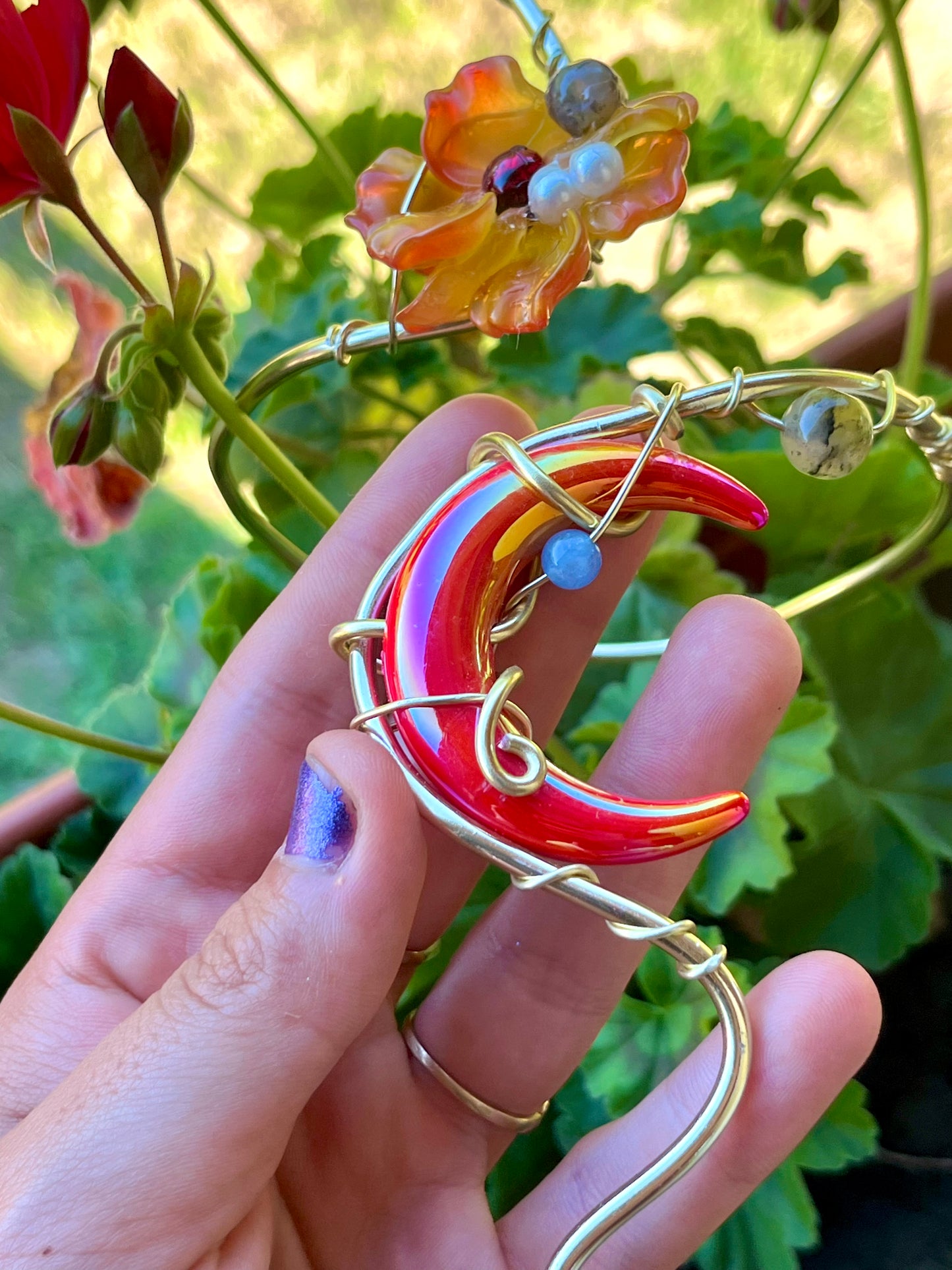 Handmade Gold Color Wire-Wrapped Red-Orange Crescent Moon & Floral Arm Cuff