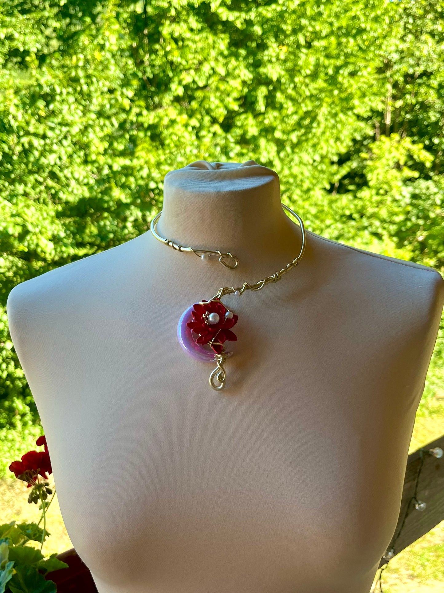 Handmade Gold Color Wire-Wrapped Crescent Moon & Red Floral Choker