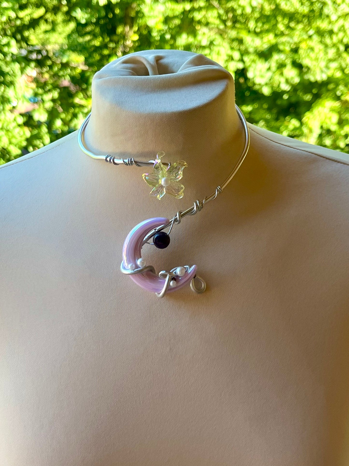 Handmade Silver Color Wire-Wrapped Crescent Moon Choker