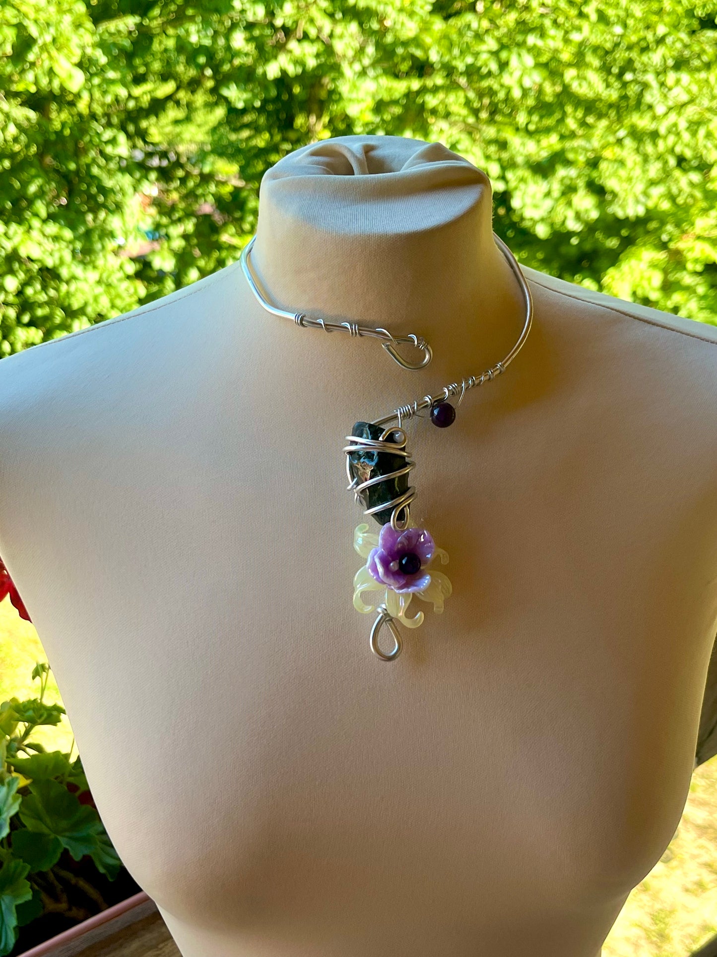 Handmade Silver Color Wire-Wrapped Dark Stone & Purple Floral Choker