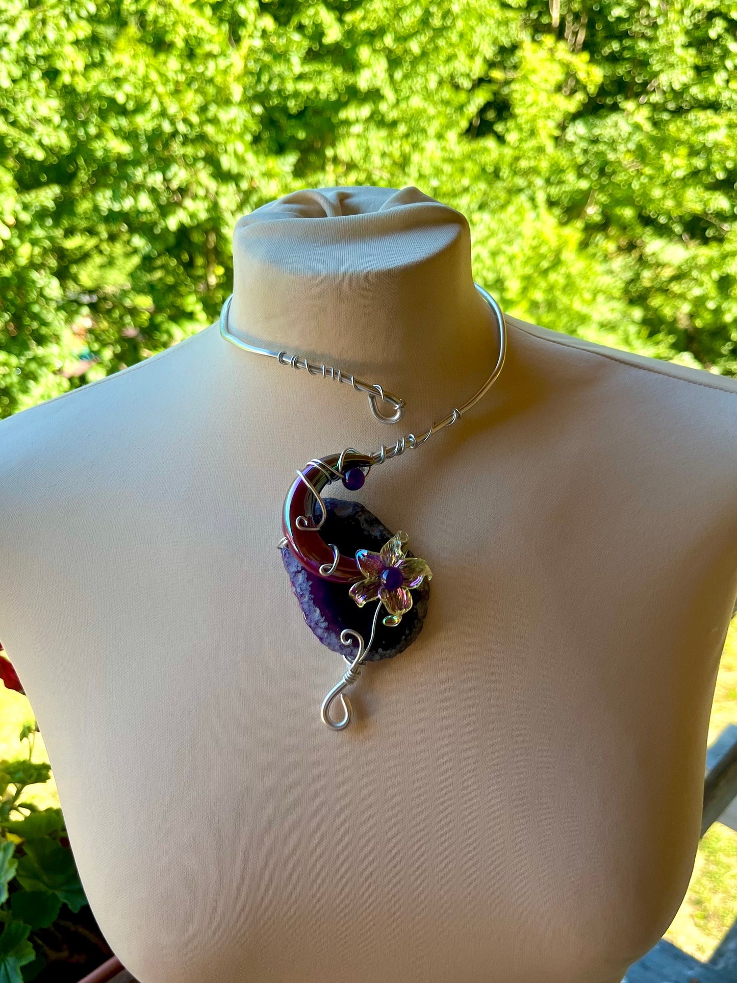 Handmade Silver Color Wire-Wrapped Crescent Moon & Purple Crystal Choker