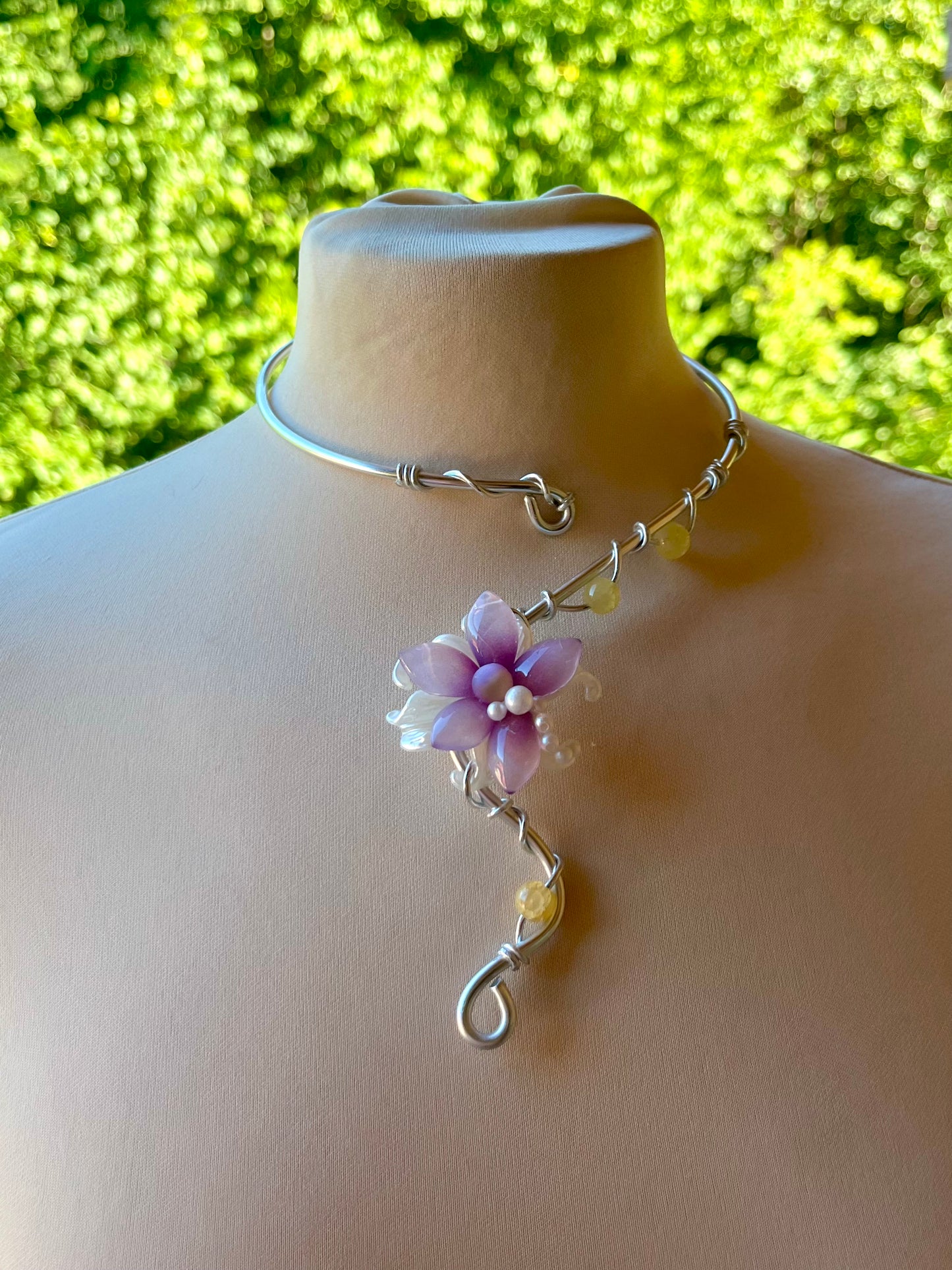Handmade Silver Color Wire-Wrapped Purple Floral Choker