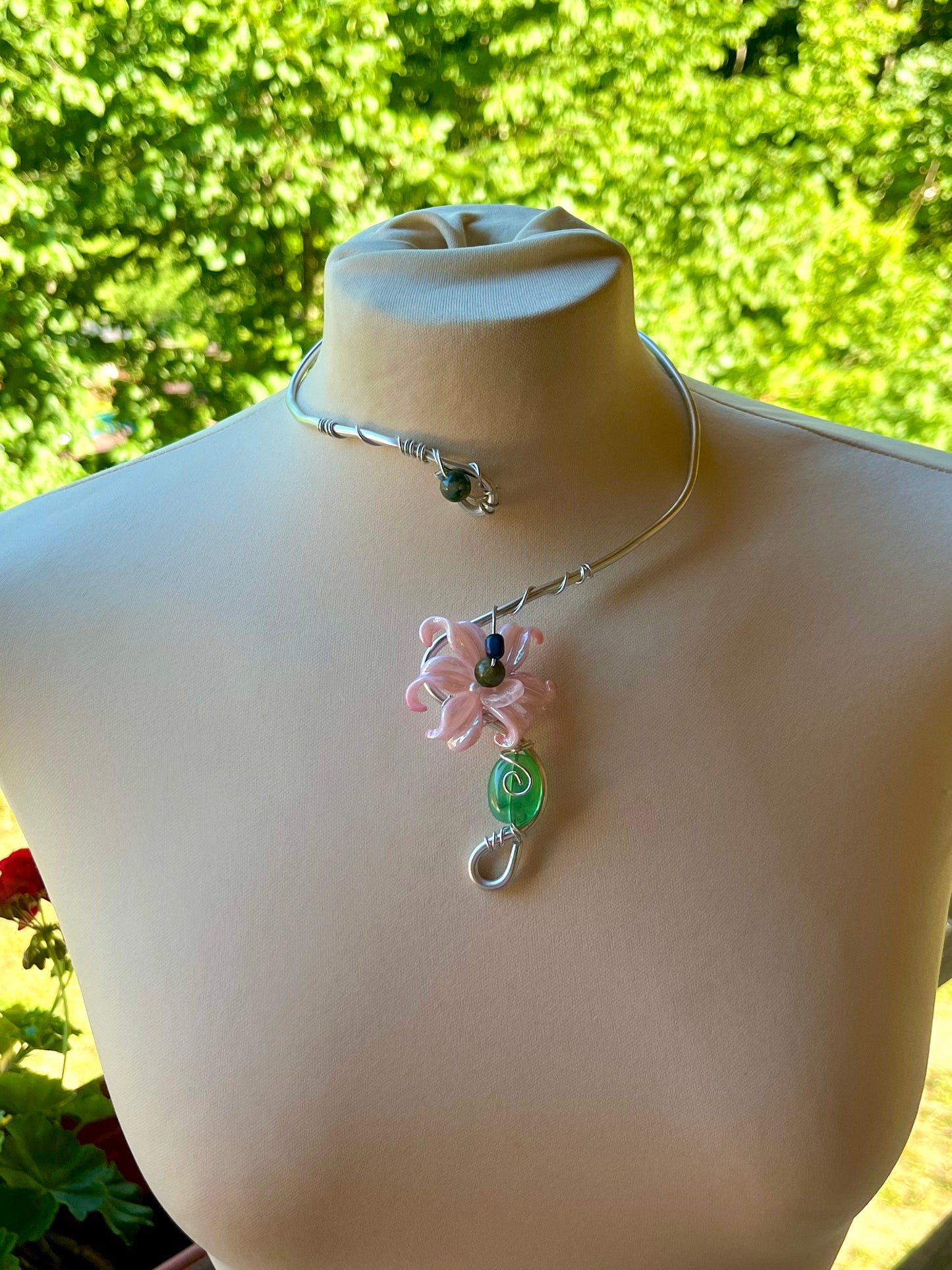 Handmade Silver Color Wire-Wrapped Pink Floral & Green Bead Choker