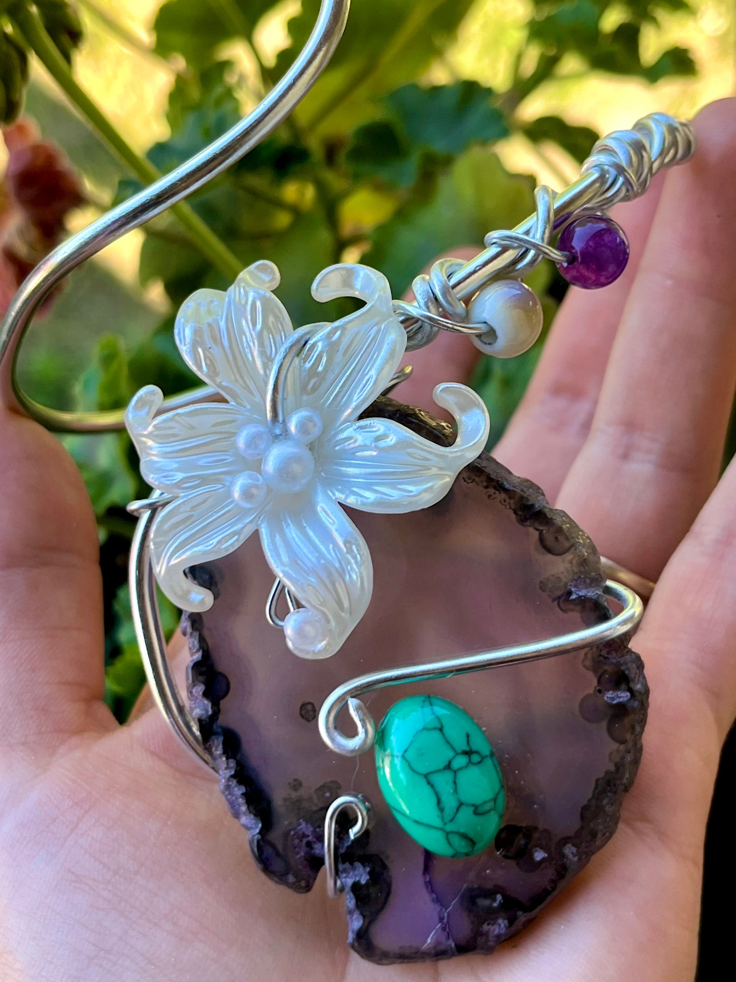 Handmade Silver Color Wire-Wrapped Purple Agate & White Floral Arm Cuff
