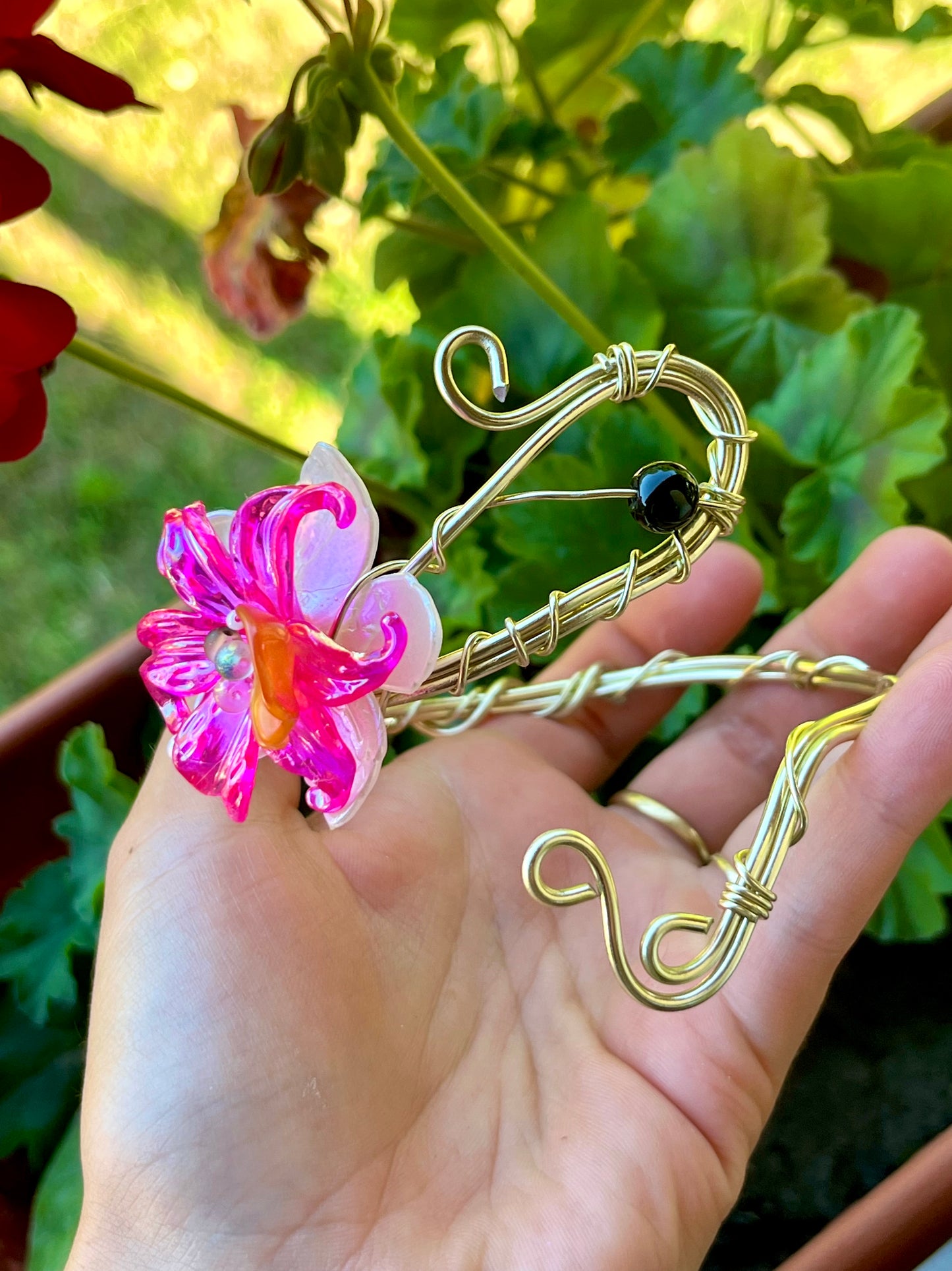 Handmade Gold Color Wire-Wrapped Vibrant Pink Floral Arm Cuff