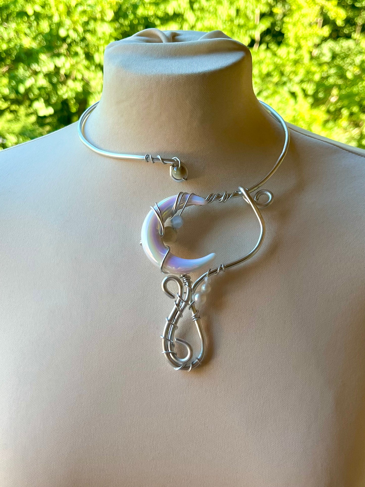 Handmade Gold Color Wire-Wrapped Iridescent Crescent Moon Choker