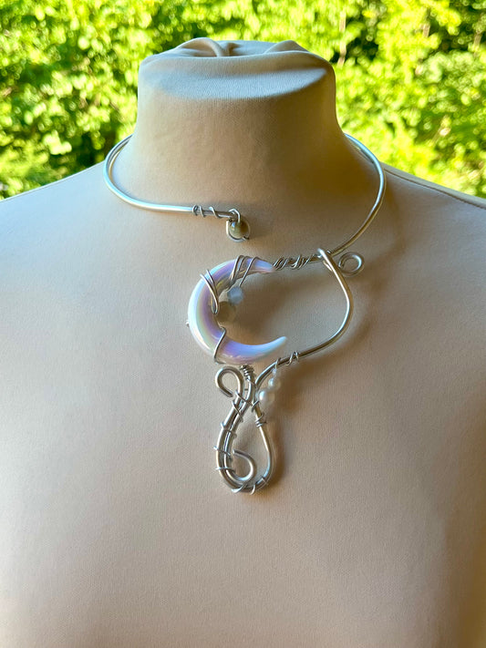 Handmade Gold Color Wire-Wrapped Iridescent Crescent Moon Choker