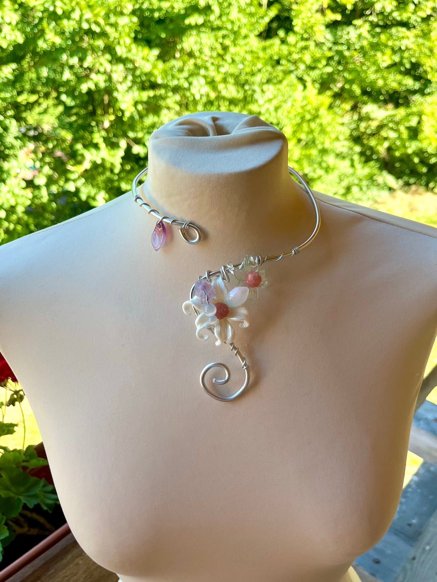 Handmade Silver Color Wire-Wrapped Floral Choker