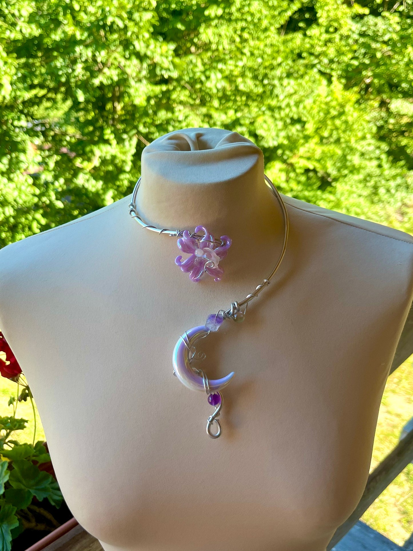 Handmade Silver Color Wire-Wrapped Crescent Moon & Purple Blossom Choker