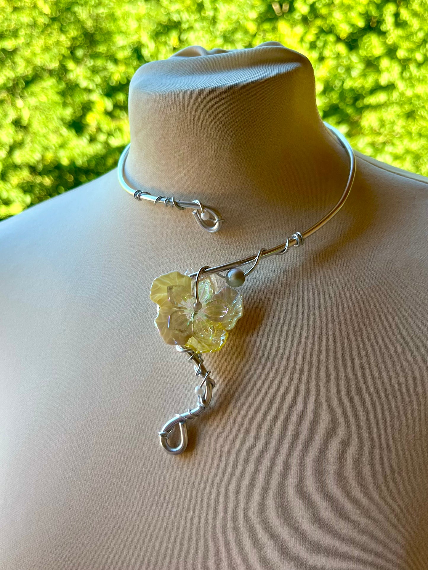 Handmade Silver Color Wire-Wrapped Yellow Floral Choker