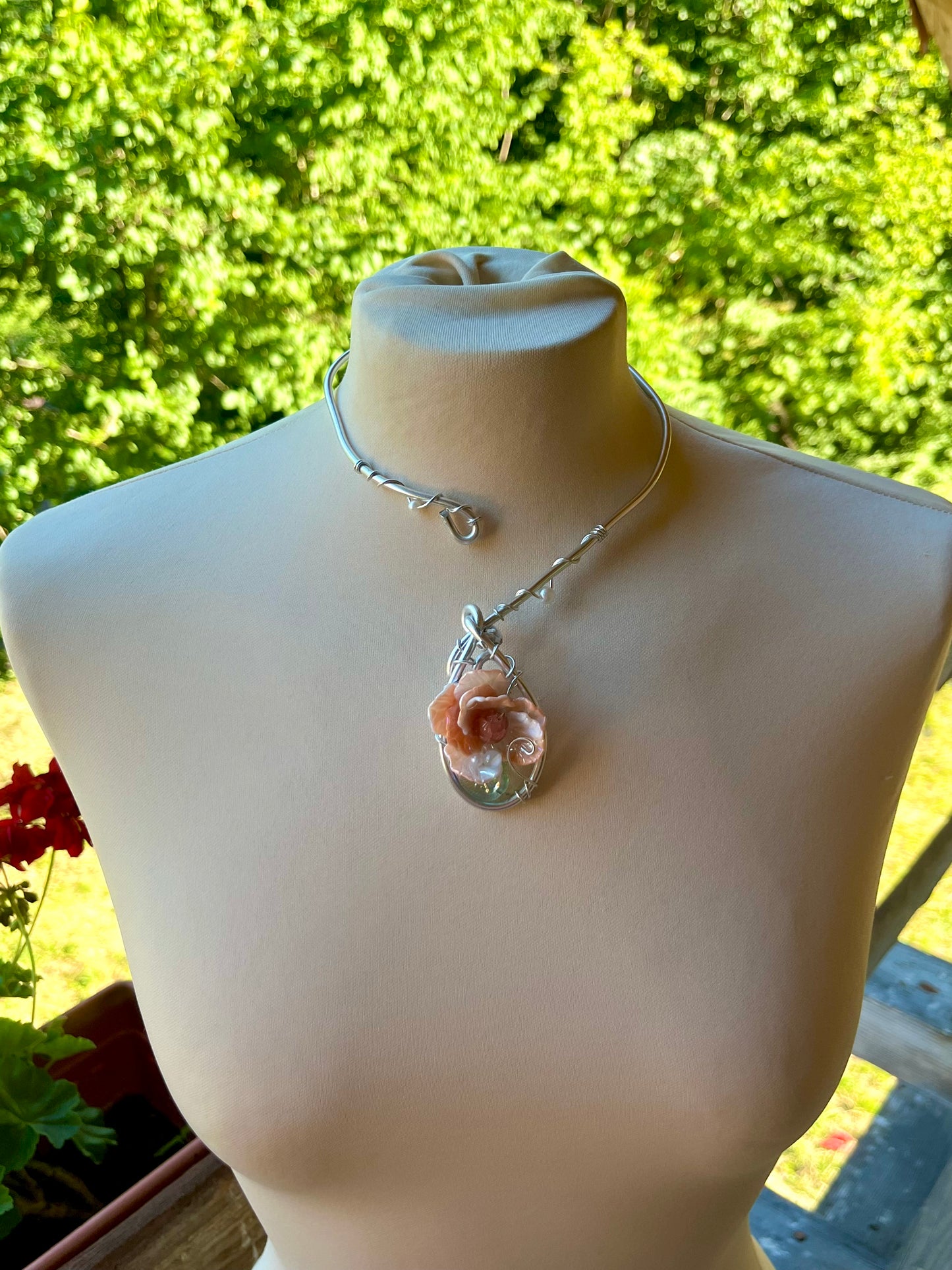 Handmade Silver Color Wire-Wrapped Peach Floral Teardrop Choker