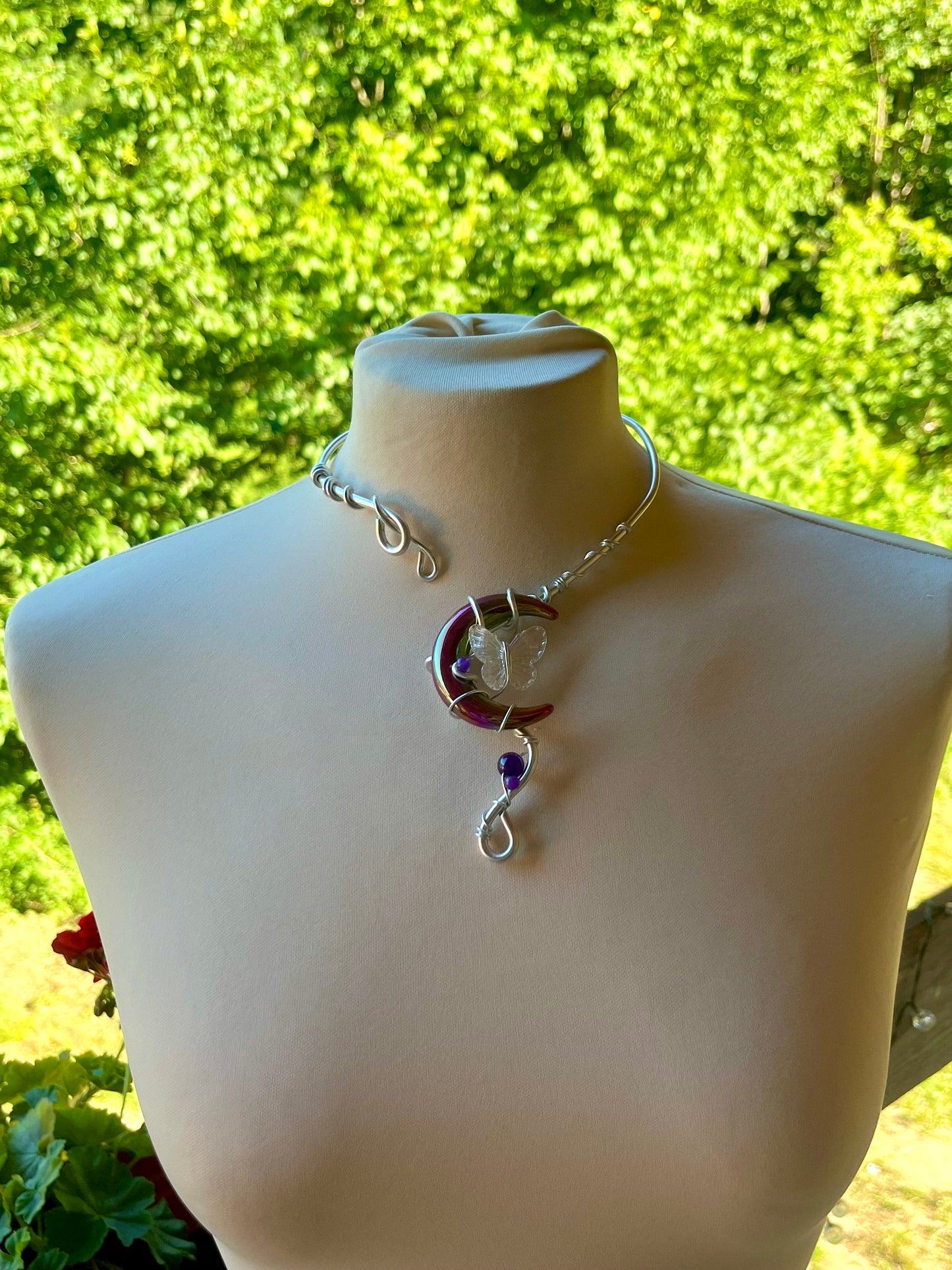 Handmade Silver Color Wire-Wrapped Crescent Moon & Butterfly Choker